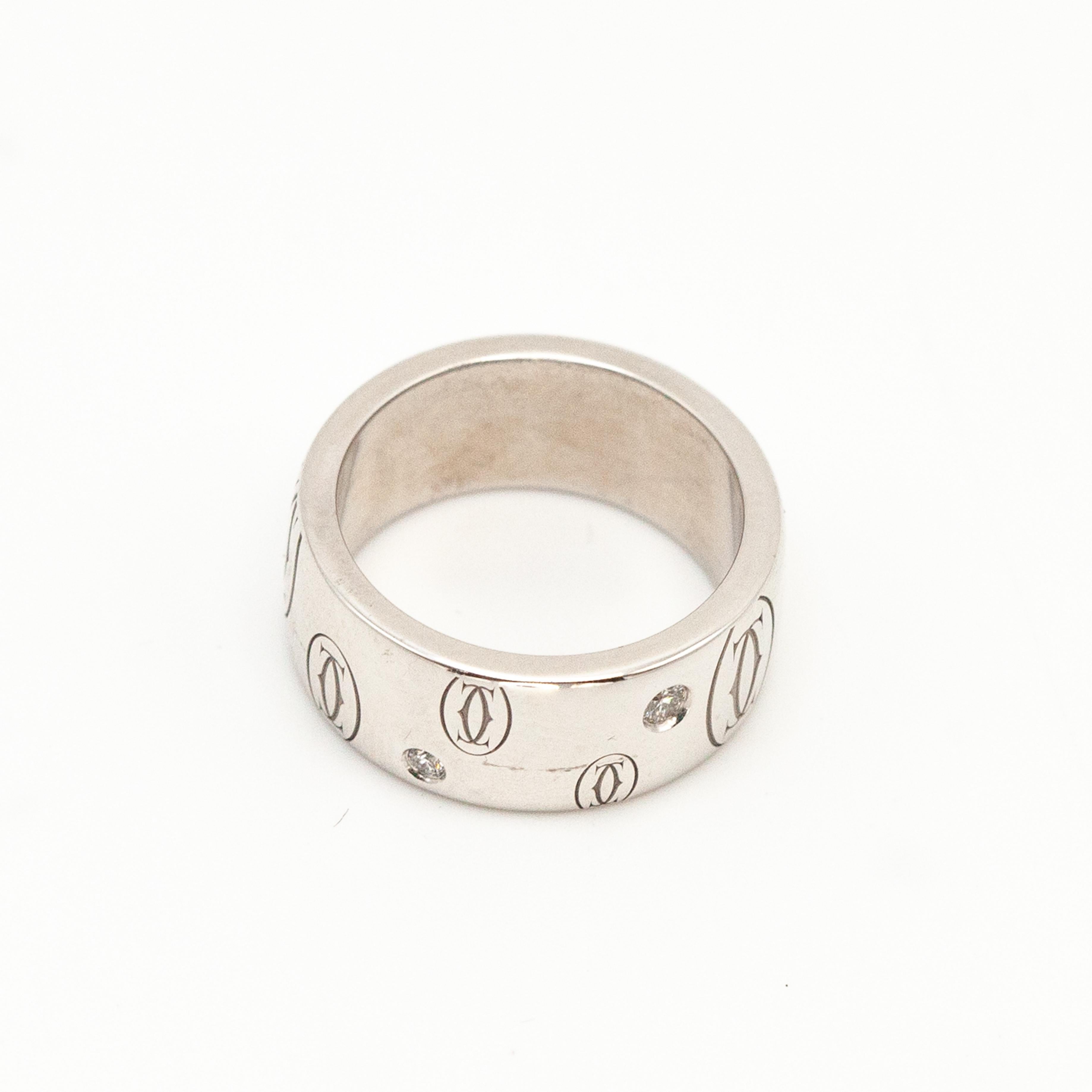 Brilliant Cut Preowned CARTIER 18K WG 5-Diamond Happy Birthday Double C logo Ring For Sale