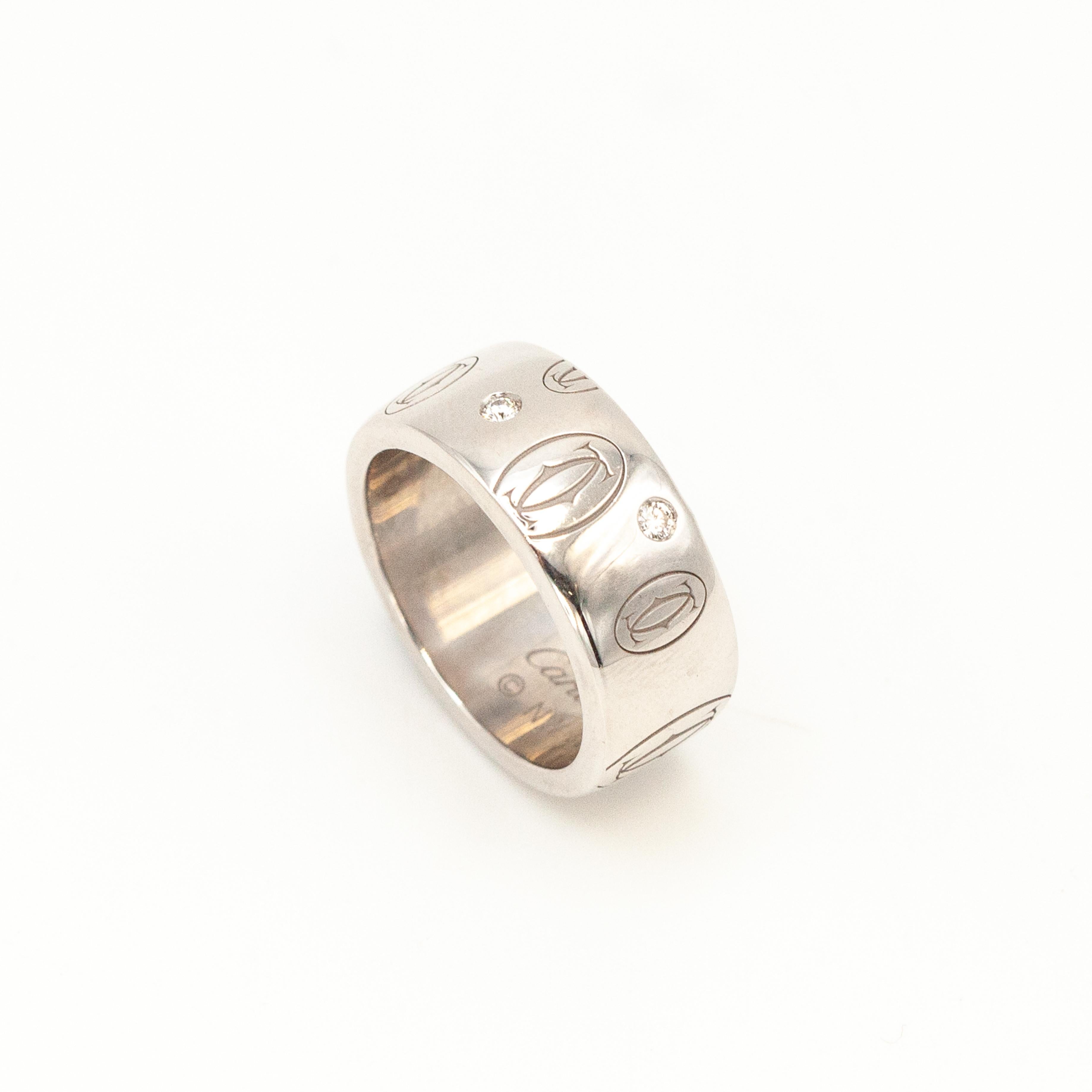 Preowned CARTIER 18K WG 5-Diamond Happy Birthday Double C logo Ring In Good Condition For Sale In New York, NY