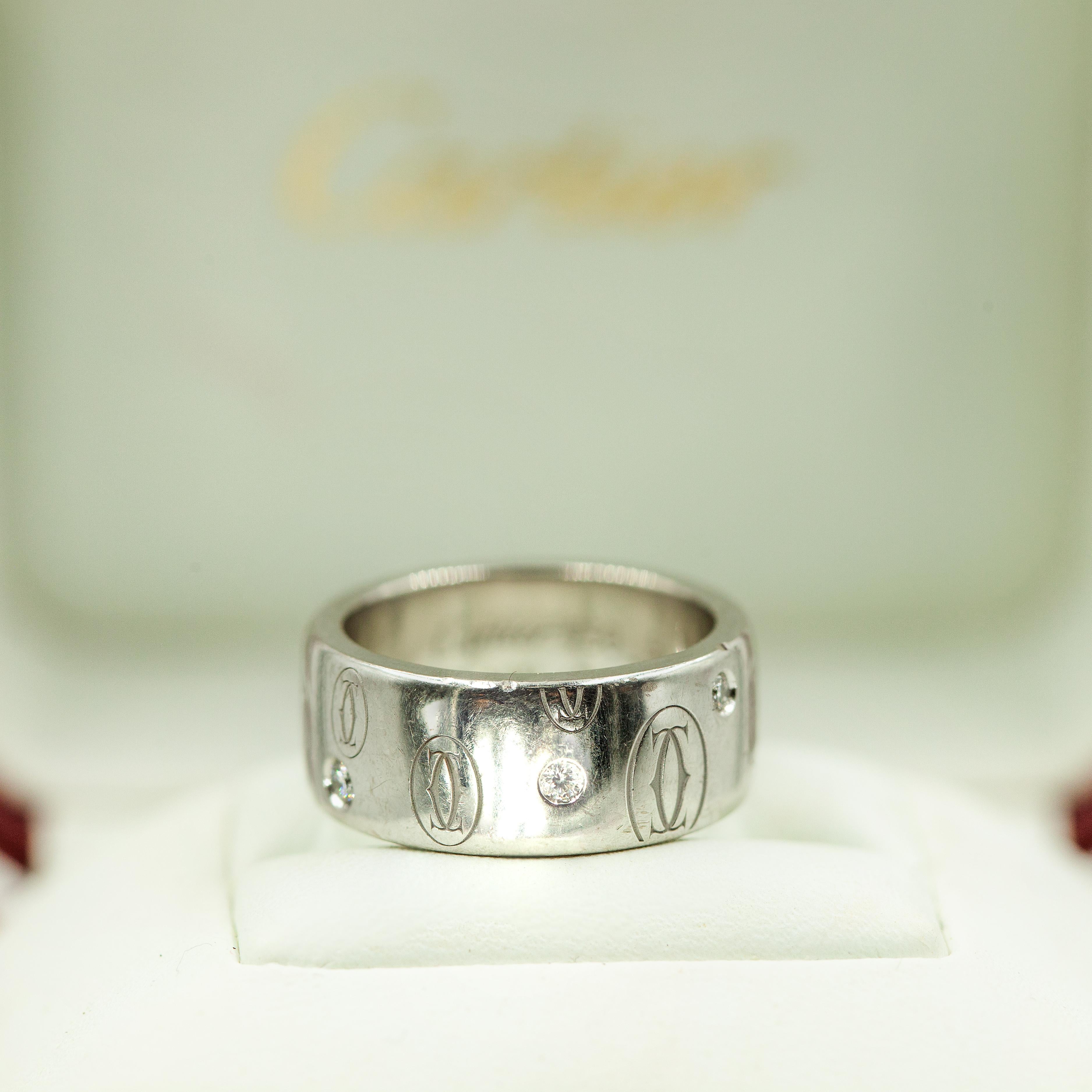 Women's or Men's Preowned CARTIER 18K WG 5-Diamond Happy Birthday Double C logo Ring For Sale