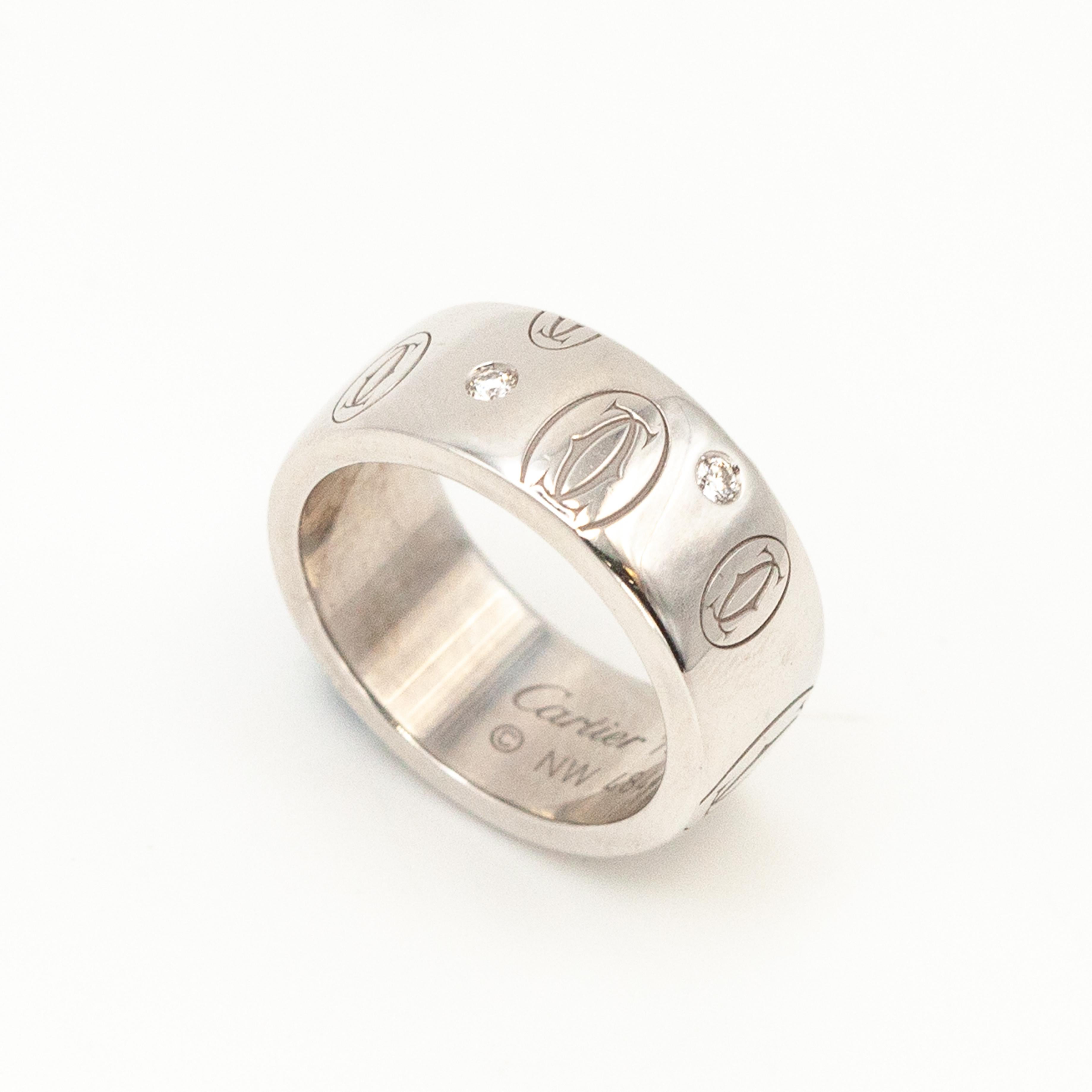 Preowned CARTIER 18K WG 5-Diamond Happy Birthday Double C logo Ring For Sale 2