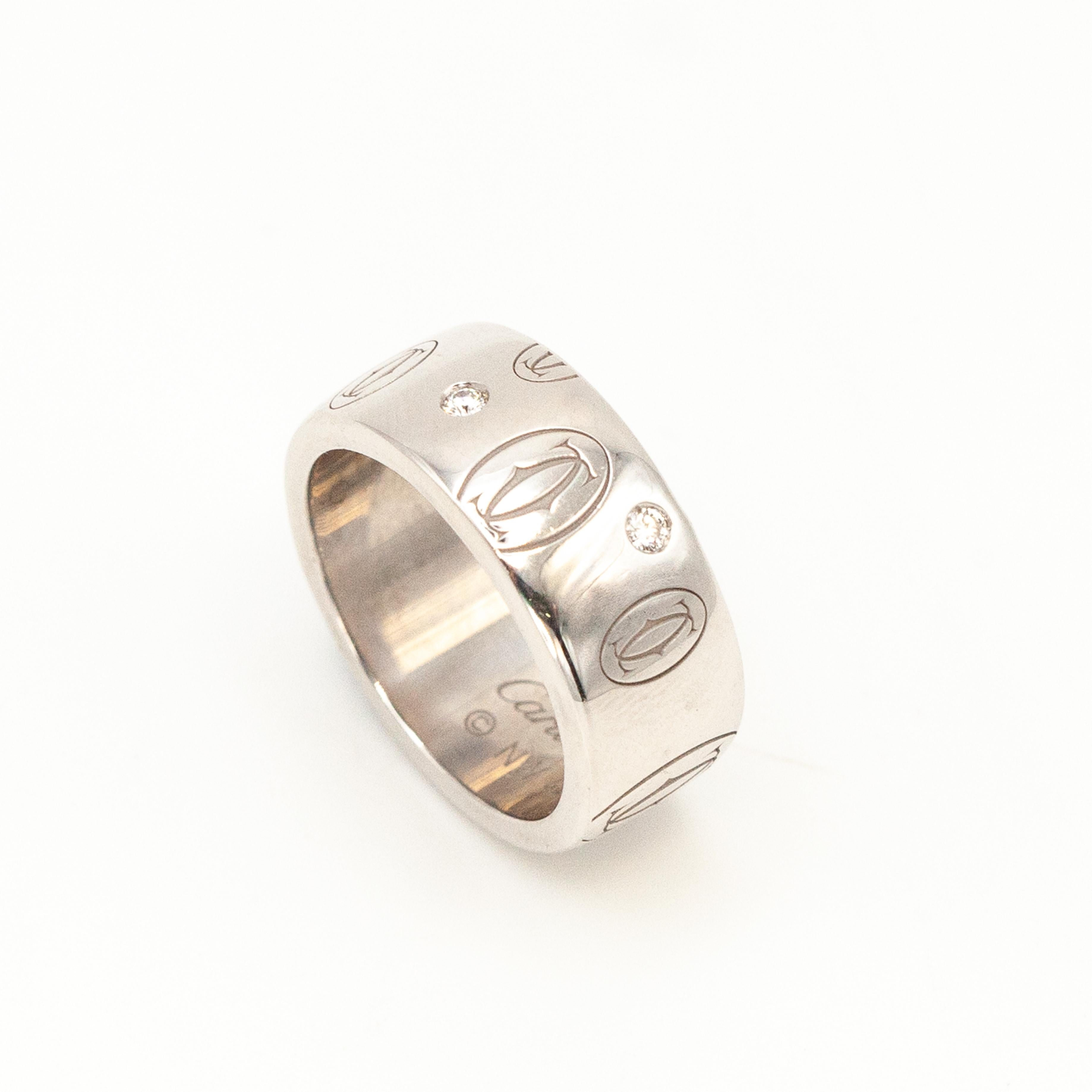 Preowned CARTIER 18K WG 5-Diamond Happy Birthday Double C logo Ring For Sale 3