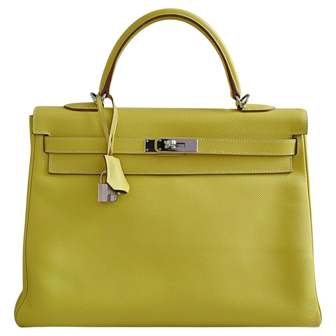 Preowned Hermes Kelly 35 Candy Lime Epsom Leather Gris Perle Inside PHW For Sale