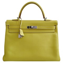 Preowned Hermes Kelly 35 Candy Lime Epsom Leather Gris Perle Inside PHW