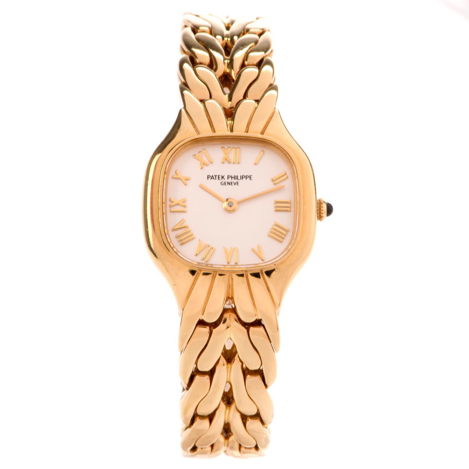 in Pristine condition Preowned Ladies Patek Philippe Model 4816 LaFlamme Watch crafted in luxurious 18K gold. 

White ivory Dial with gold markers and hands.  Scratch resistant Sapphire crystal.

Cabachon cut Onlyx crown.  Quartz movement. Beautiful