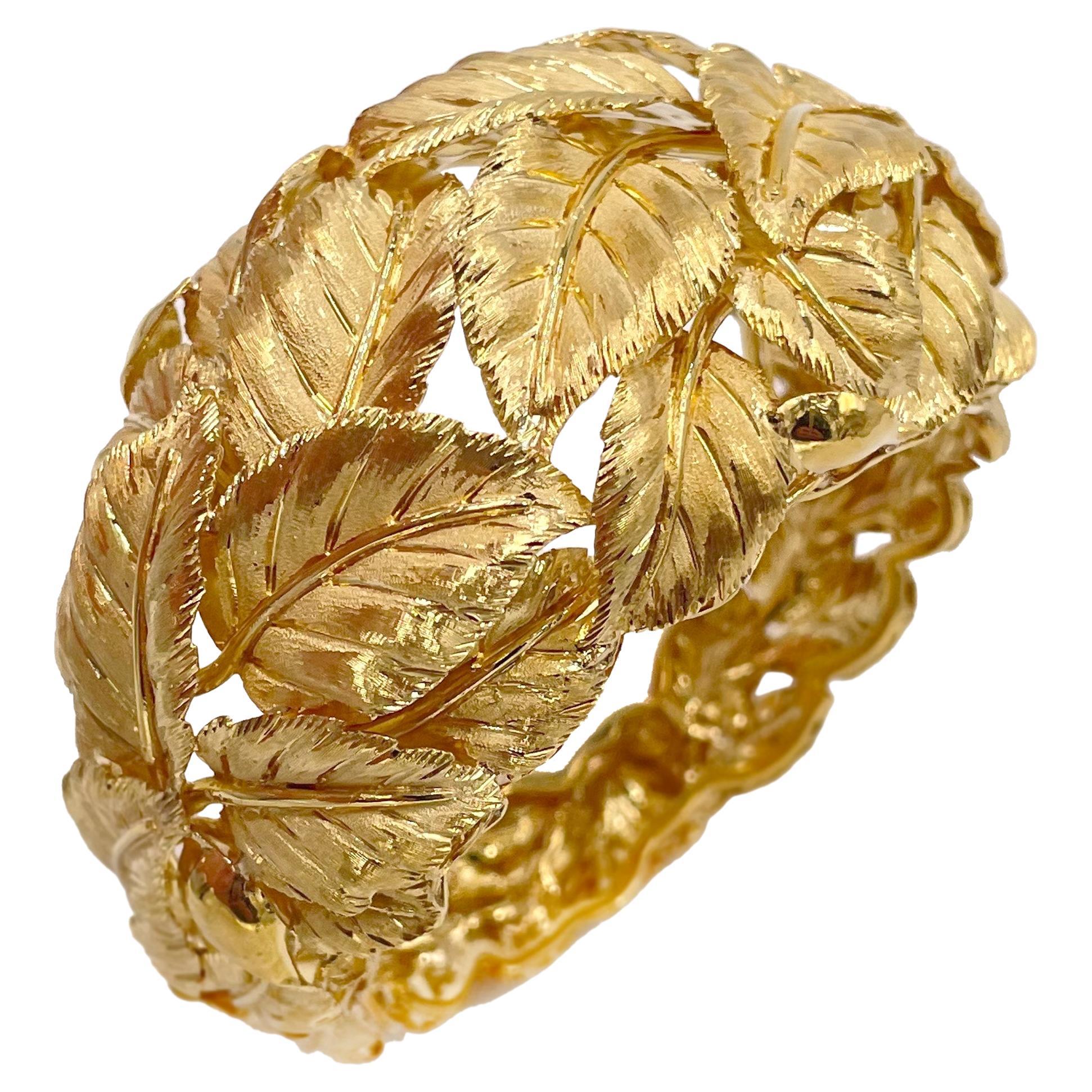 Preowned Vintage 18K Yellow Gold Italian Leaf Wide Statement Bracelet For Sale