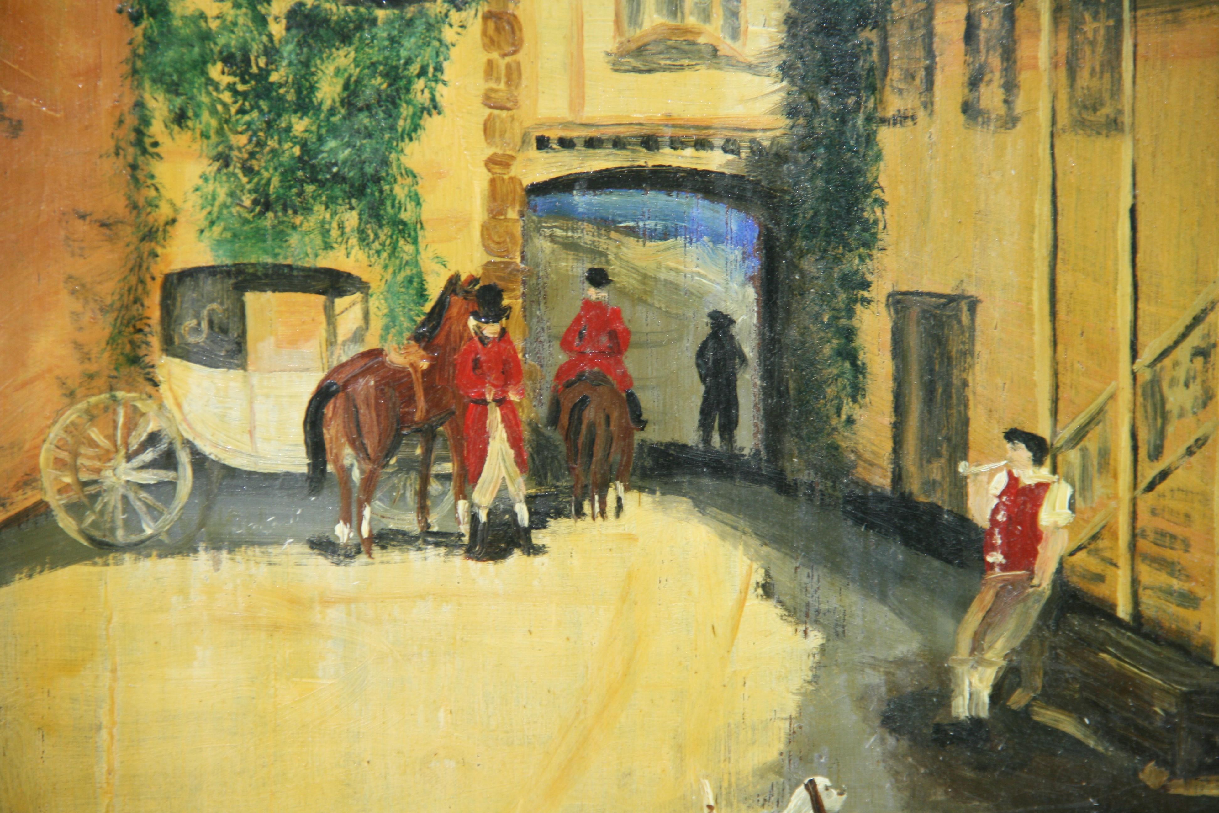 Préparation à la chasse au renard anglais Peinture à l'huile Bon état - En vente à Douglas Manor, NY