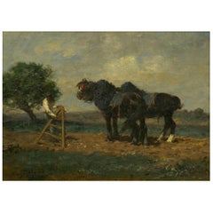 Antique “Preparing the Plow” Barbizon Horse Painting by Émile Jacque 'French, 1848-1912'