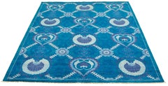 Preppy Aqua Blue Arts and Crafts Wool Oushak Carpet, 8' x 10'
