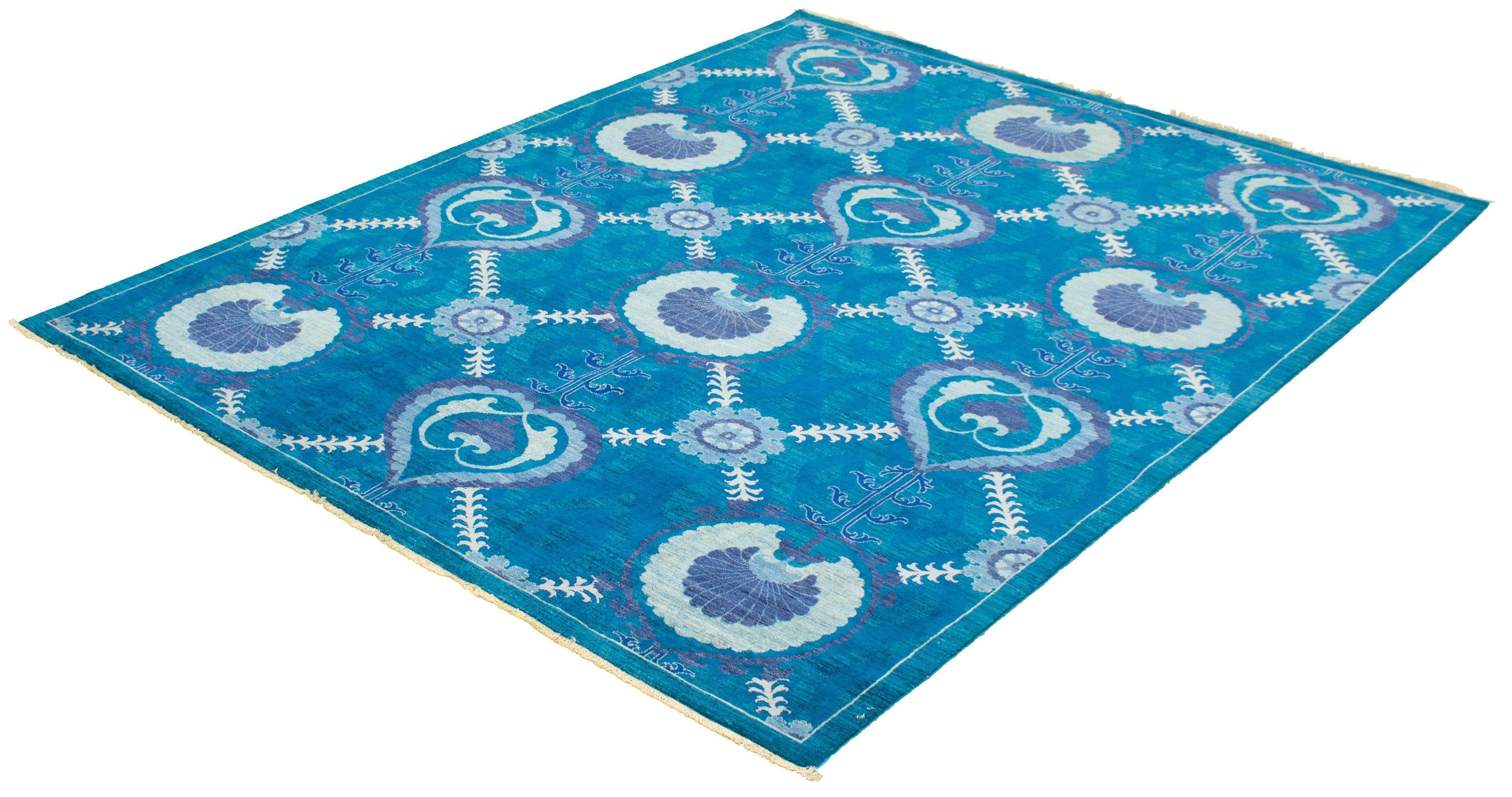 Handgeknüpfter Oushak-Teppich aus Wolle in Riemchen-Aquablau im Arts and Crafts-Stil, 8' x 10' (Persisch) im Angebot