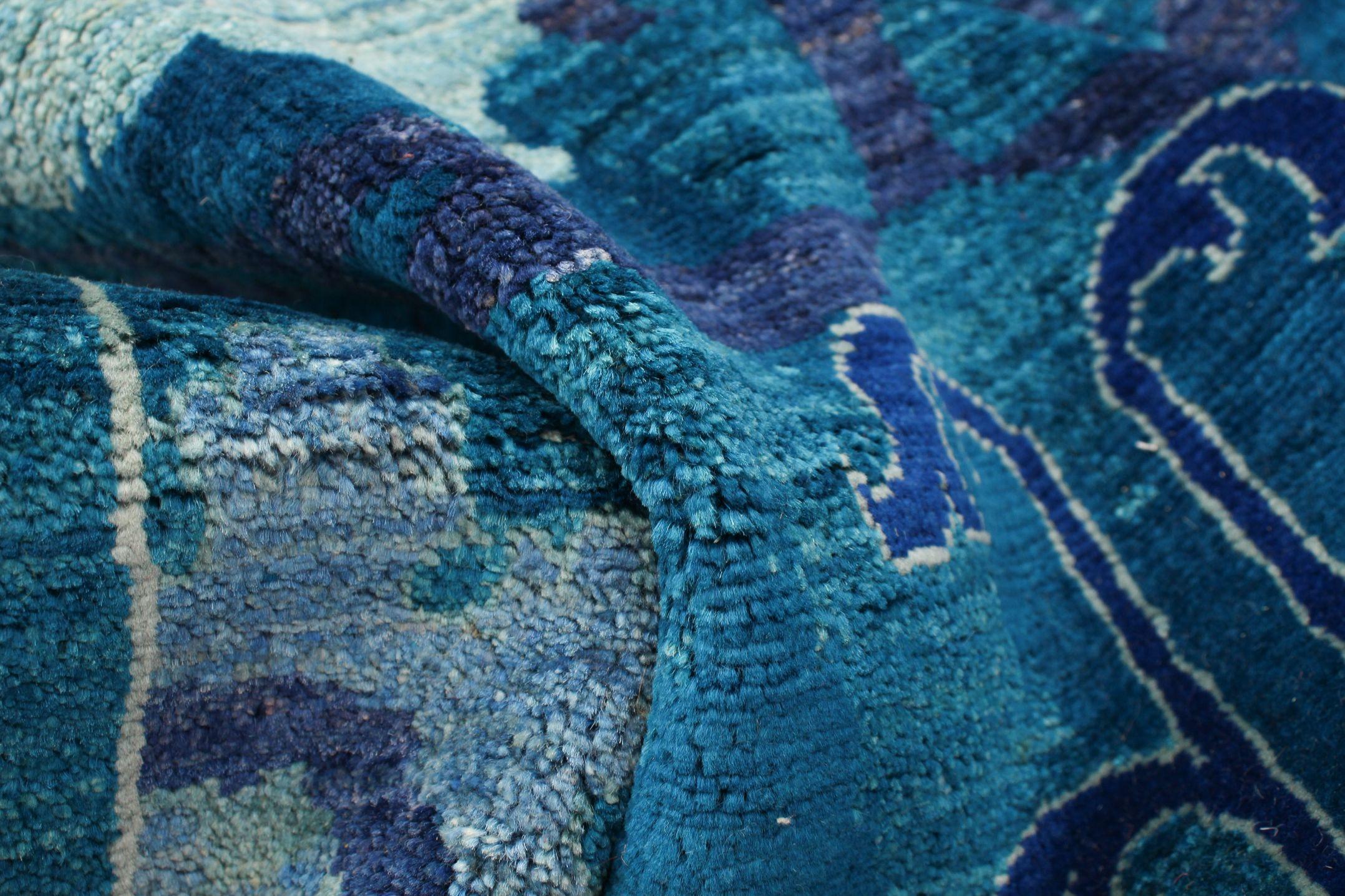 Handgeknüpfter Oushak-Teppich aus Wolle in Riemchen-Aquablau im Arts and Crafts-Stil, 8' x 10' (21. Jahrhundert und zeitgenössisch) im Angebot