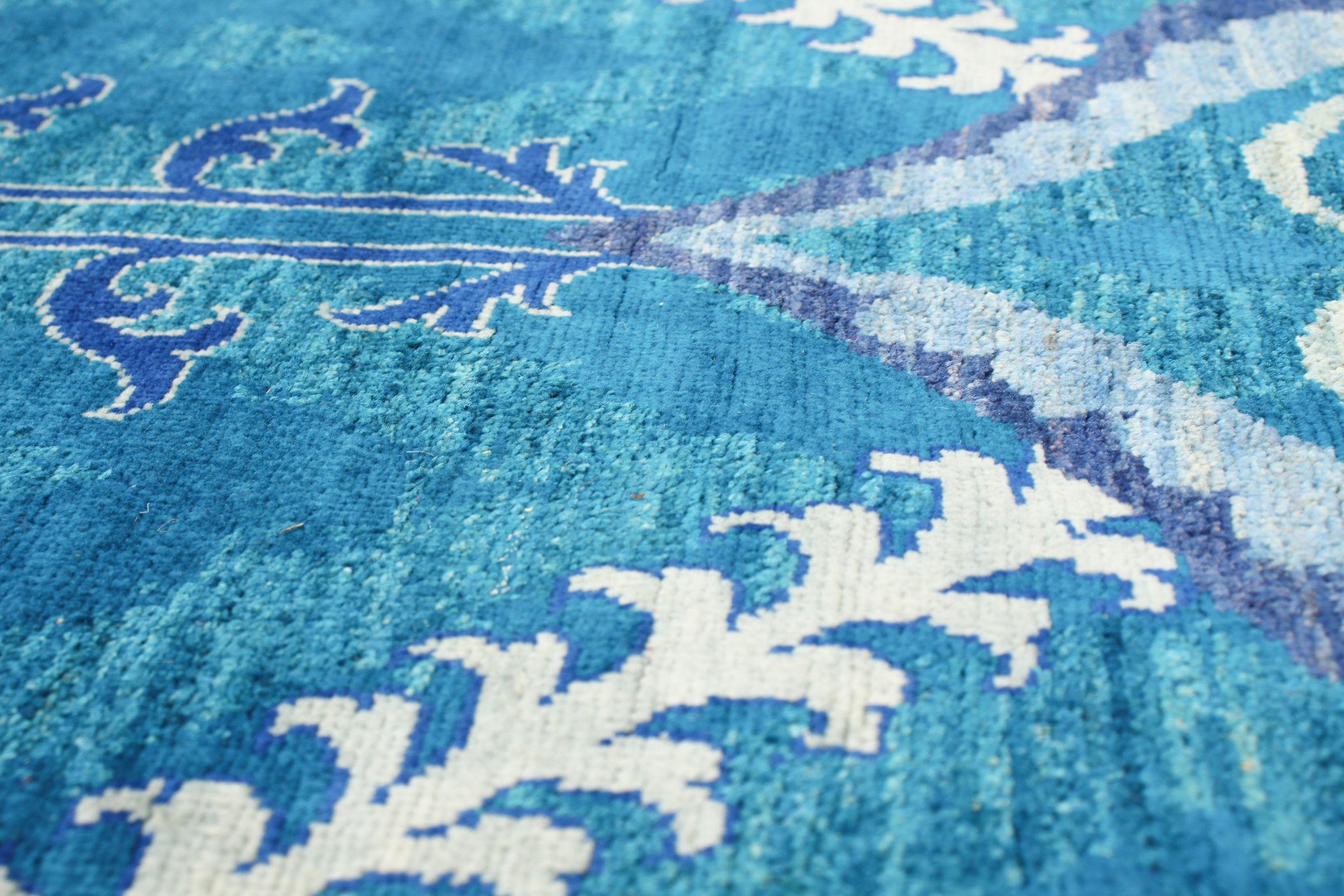 Handgeknüpfter Oushak-Teppich aus Wolle in Riemchen-Aquablau im Arts and Crafts-Stil, 8' x 10' im Angebot 1