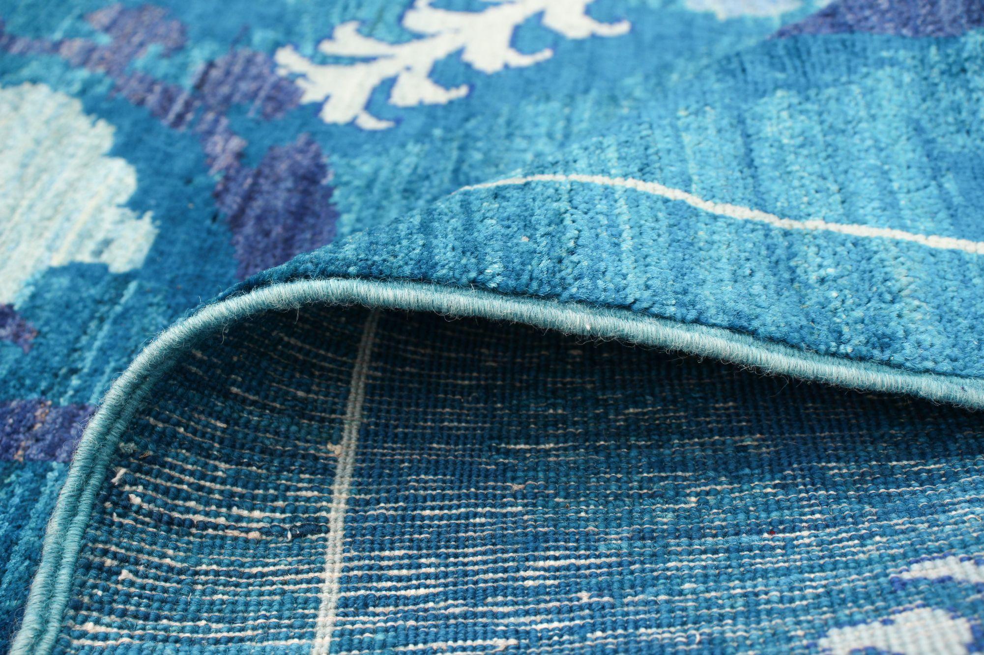 Handgeknüpfter Oushak-Teppich aus Wolle in Riemchen-Aquablau im Arts and Crafts-Stil, 8' x 10' im Angebot 2