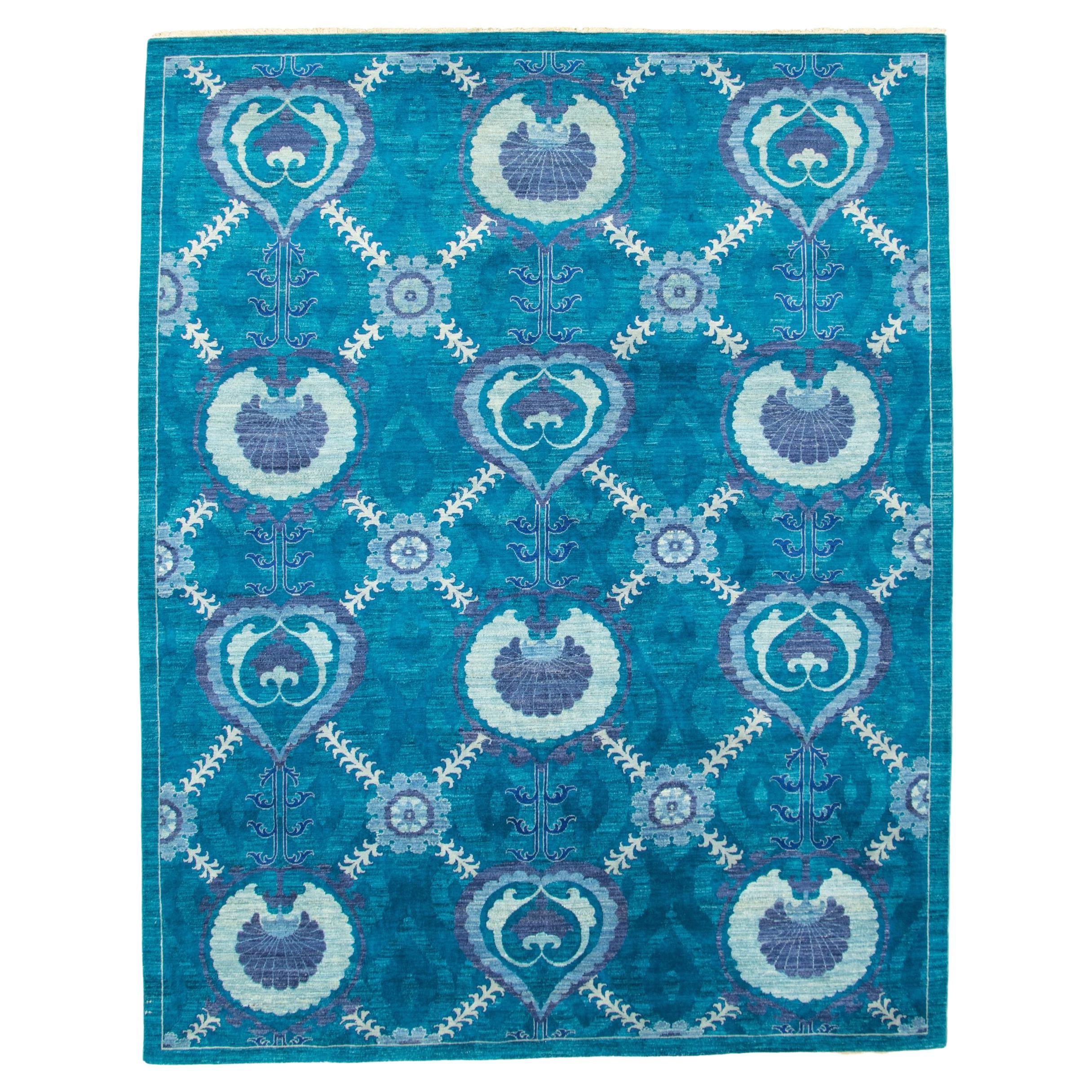 Handgeknüpfter Oushak-Teppich aus Wolle in Riemchen-Aquablau im Arts and Crafts-Stil, 8' x 10' im Angebot