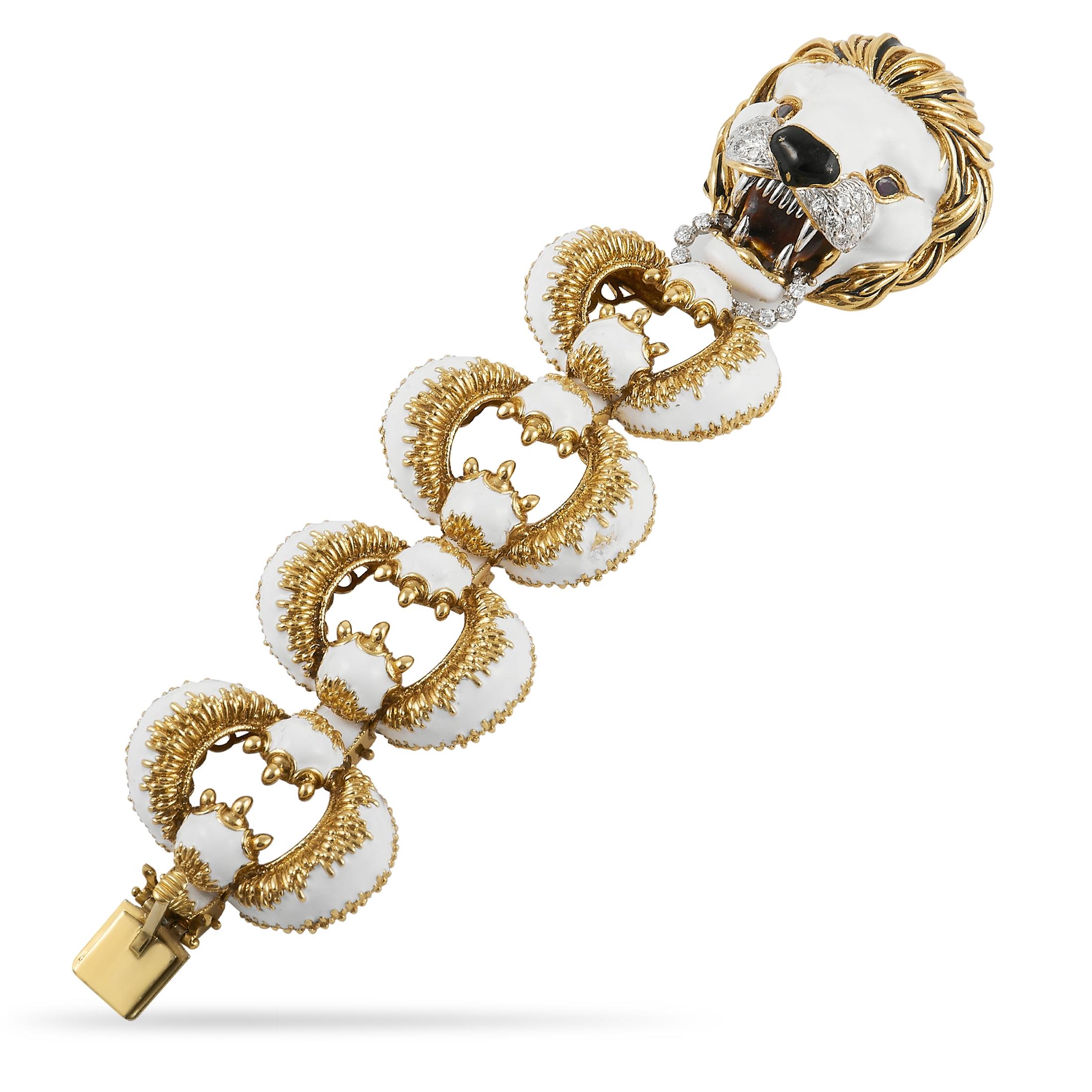 An exciting lion motif is the hallmark of this exquisite Prescarolli bracelet. A striking combination of 18K Yellow Gold and white enamel accents set the stage for this piece’s 1.15 carats of glittering diamonds. It measures 7” long and is sure to