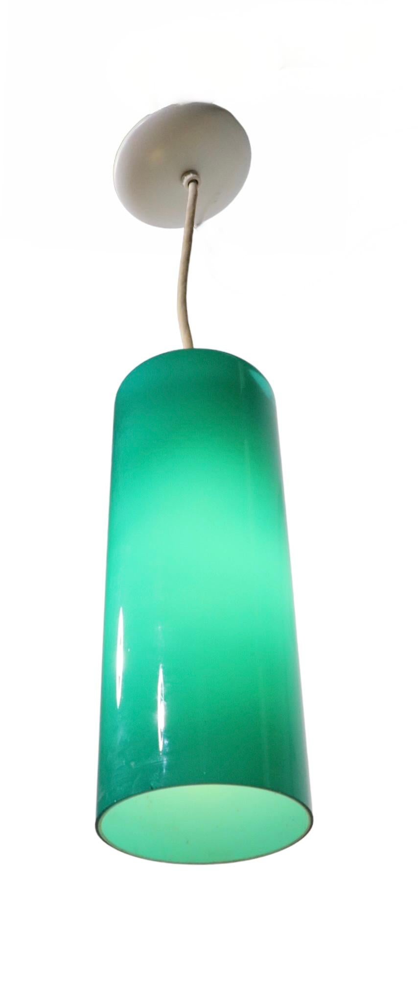 Prescolite Cylinder Pendant Chandelier in Green Glass, C 1950 - 1970's For Sale 5