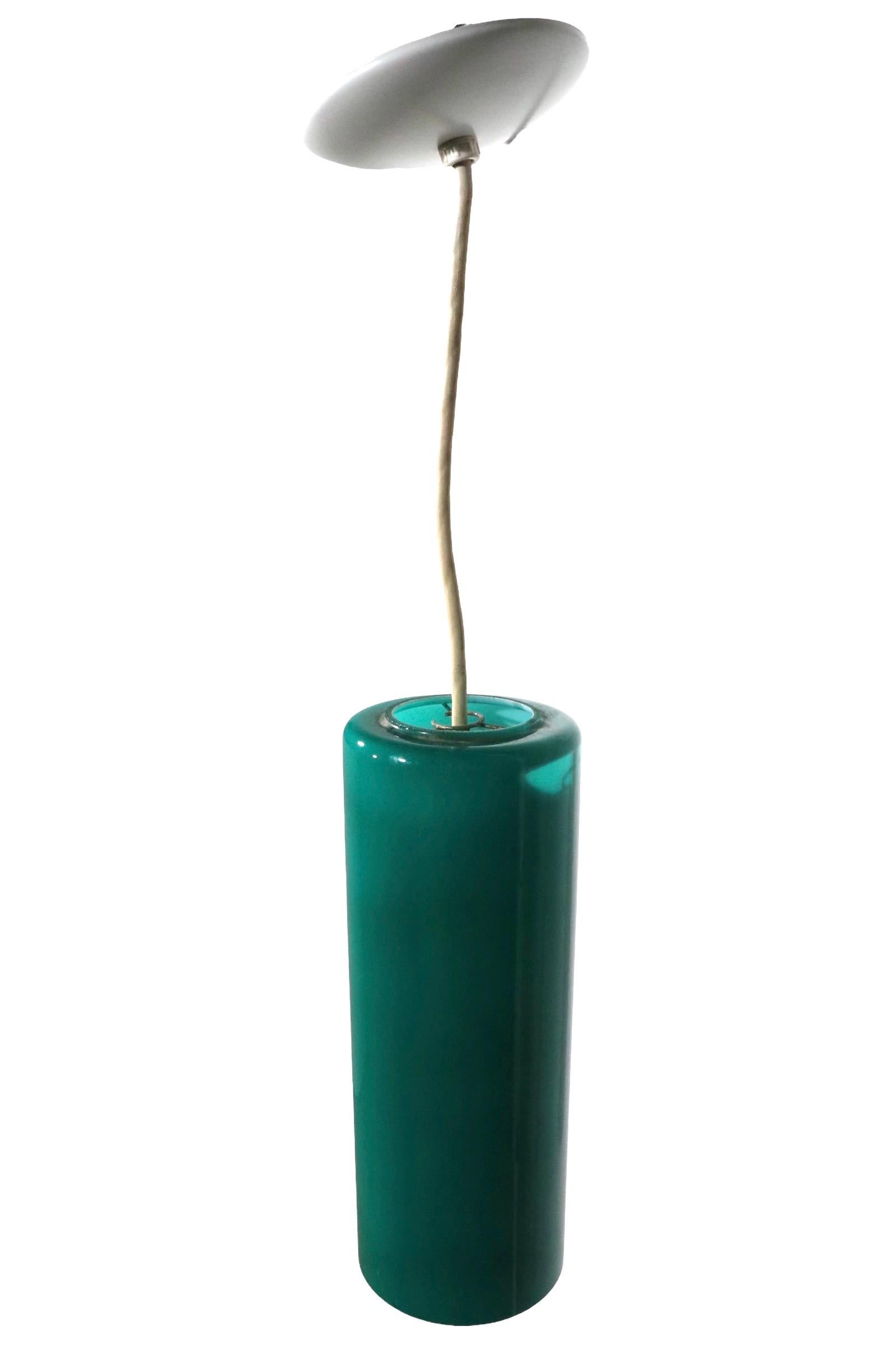 American Prescolite Cylinder Pendant Chandelier in Green Glass, C 1950 - 1970's For Sale