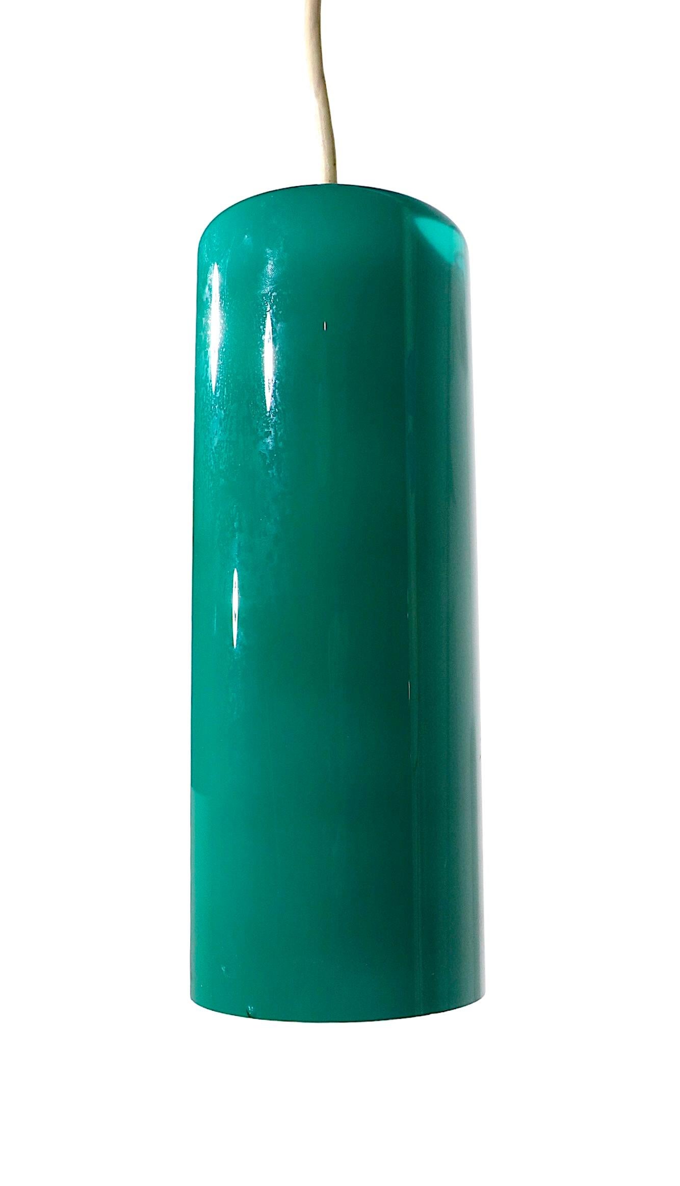 Prescolite Cylinder Pendant Chandelier in Green Glass, C 1950 - 1970's In Good Condition For Sale In New York, NY