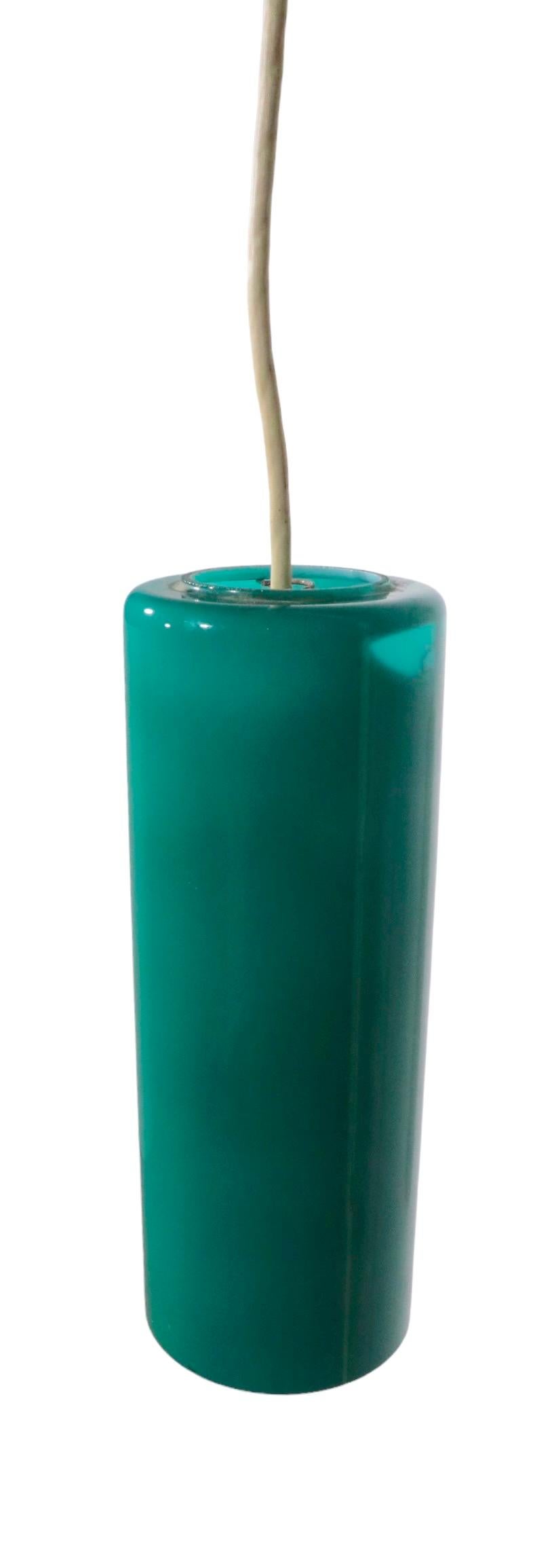 Prescolite Cylinder Pendant Chandelier in Green Glass, C 1950 - 1970's For Sale 1