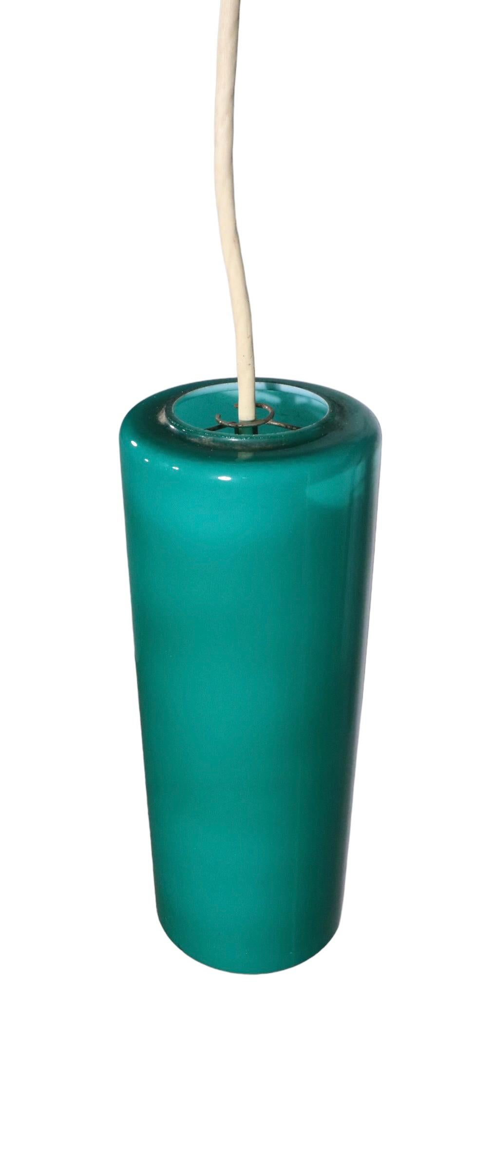 Prescolite Cylinder Pendant Chandelier in Green Glass, C 1950 - 1970's For Sale 2