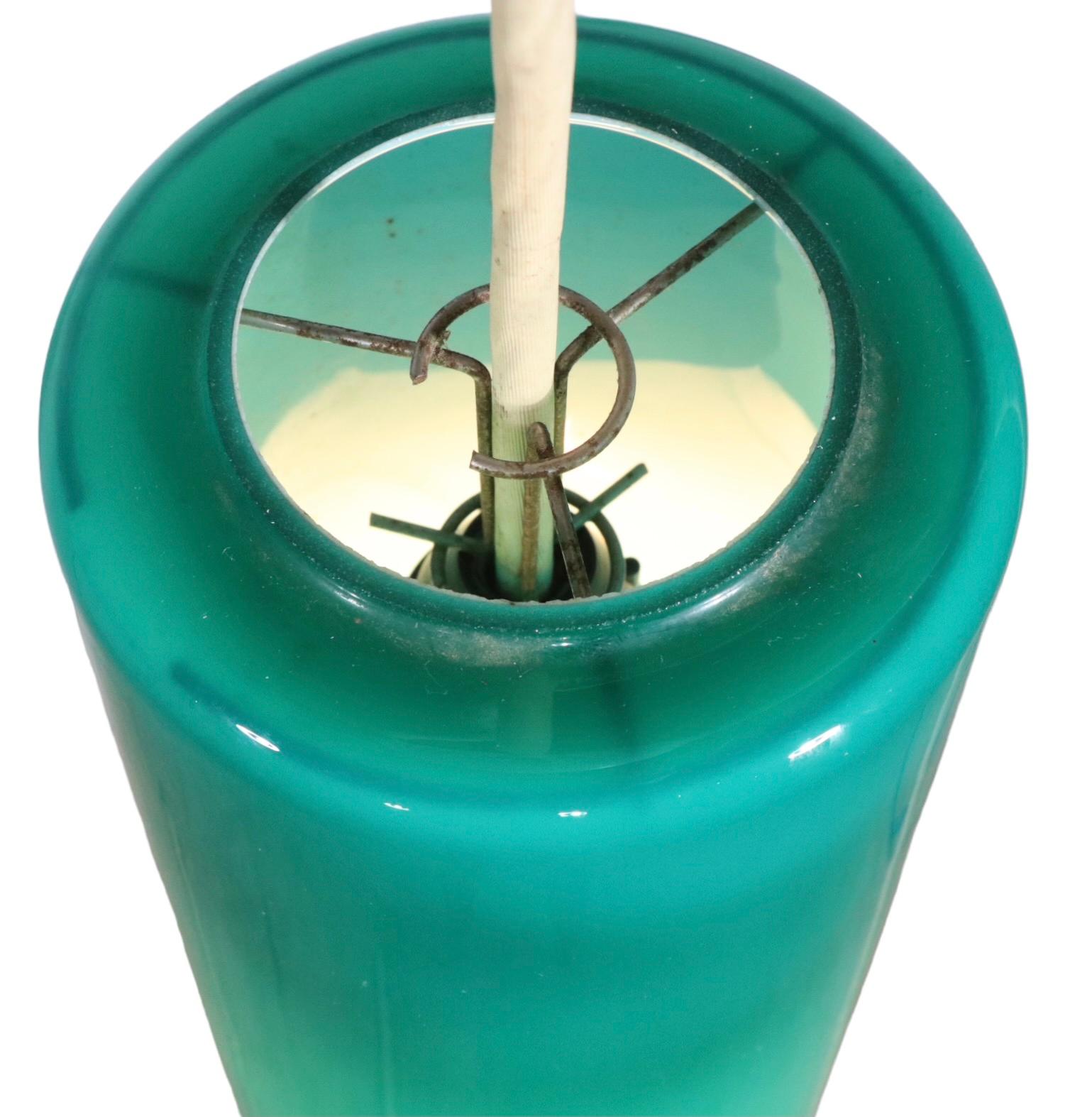 Prescolite Cylinder Pendant Chandelier in Green Glass, C 1950 - 1970's For Sale 3
