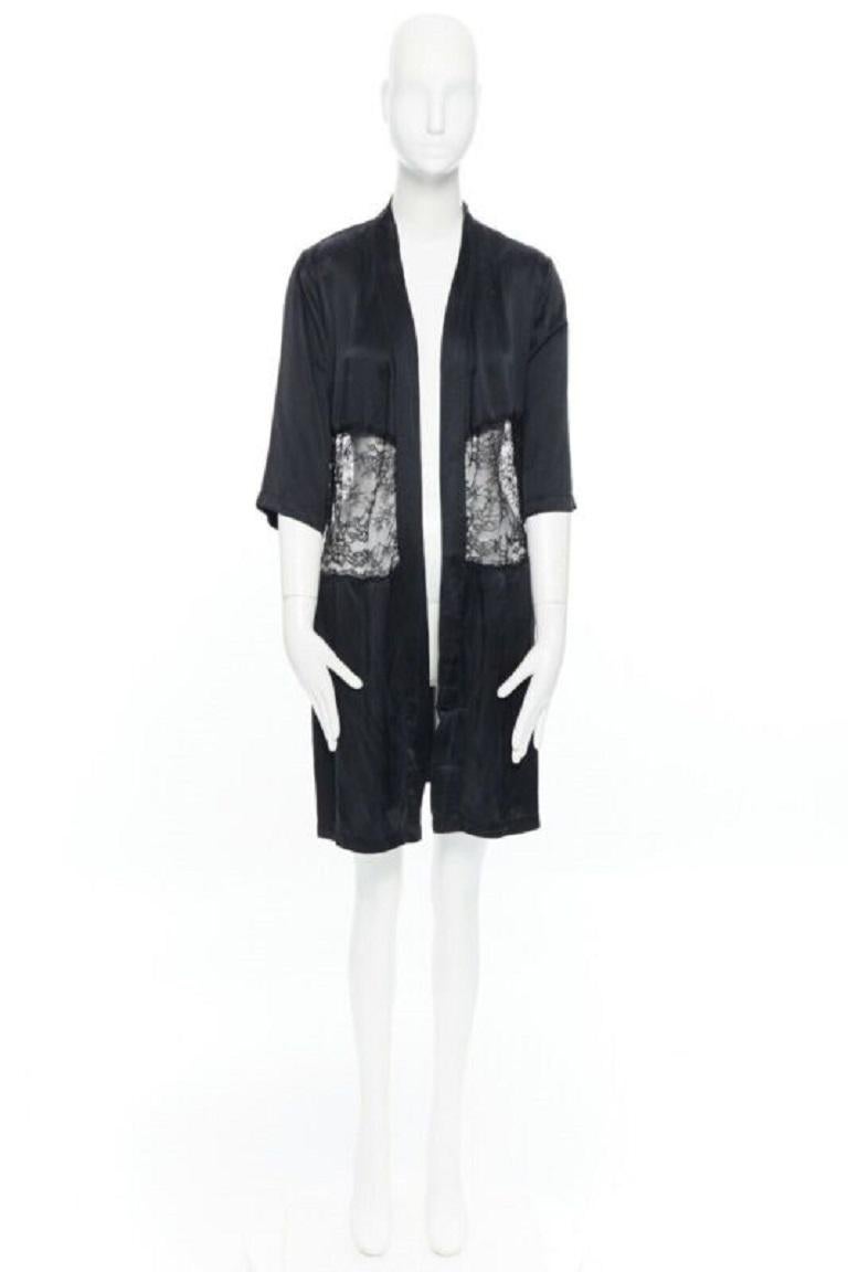 Black PRESENT LONDON black 100% silk floral lace panel lingerie short kimono robe UK8 For Sale