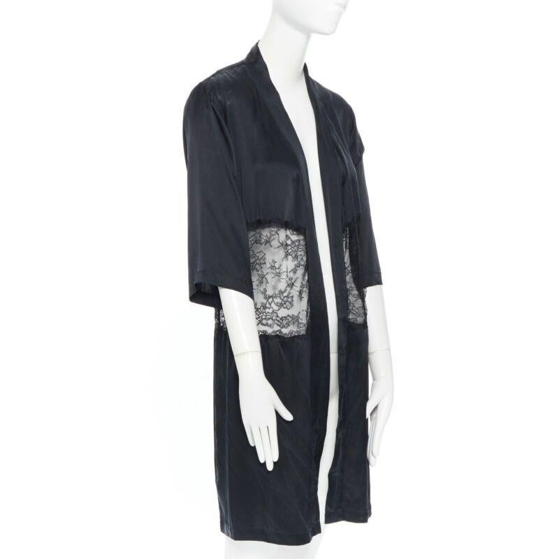 Women's PRESENT LONDON black 100% silk floral lace panel lingerie short kimono robe UK8 For Sale