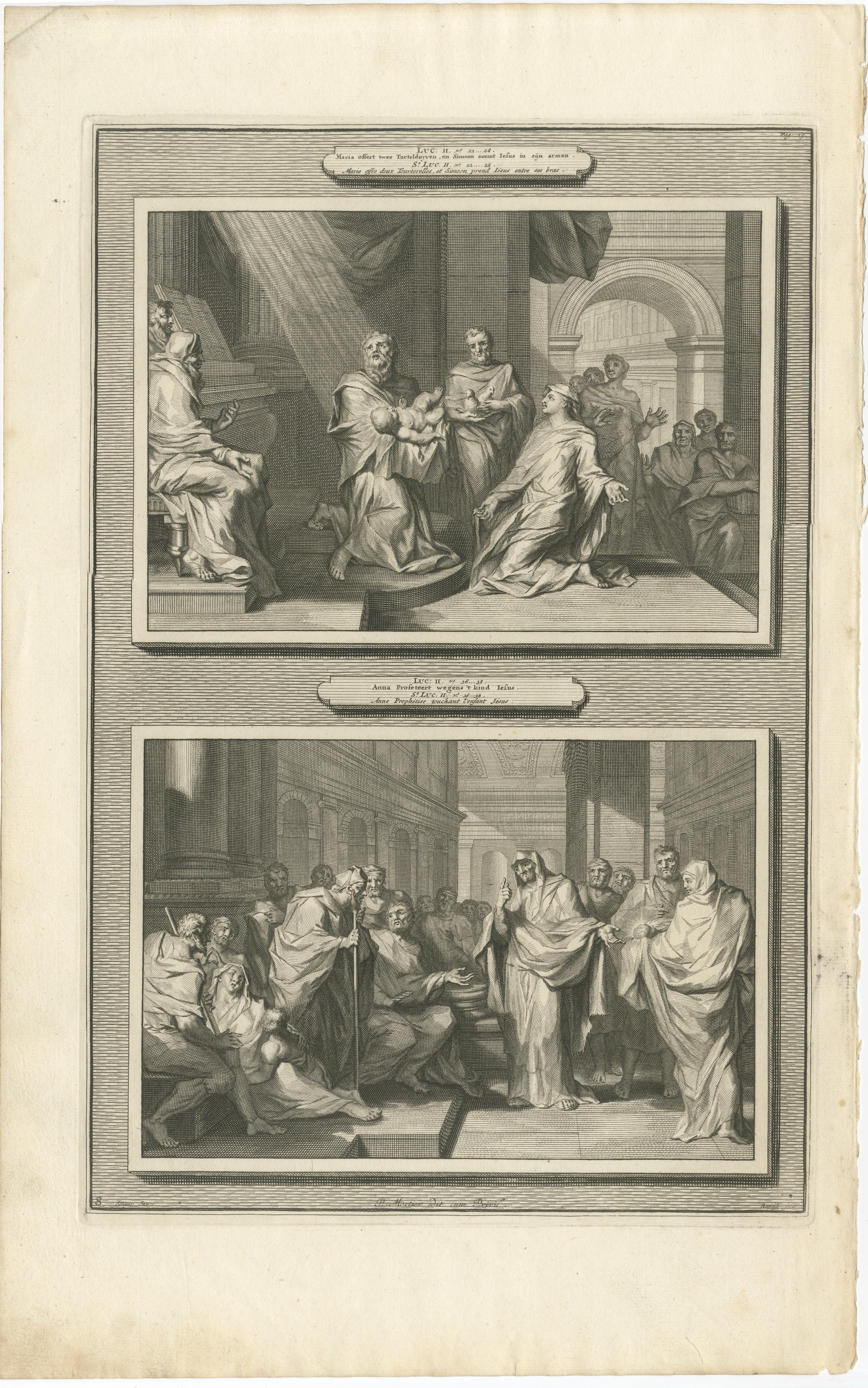 Darstellung von Christus im Tempel & Prophetin Anna, Pieter Mortier, um 1700

Antiker Originalstich aus Histoire du Vieux et du Nouveau Testament, veröffentlicht in Amsterdam von Pieter Mortier um 1700. Die Tafel zeigt zwei Szenen aus dem