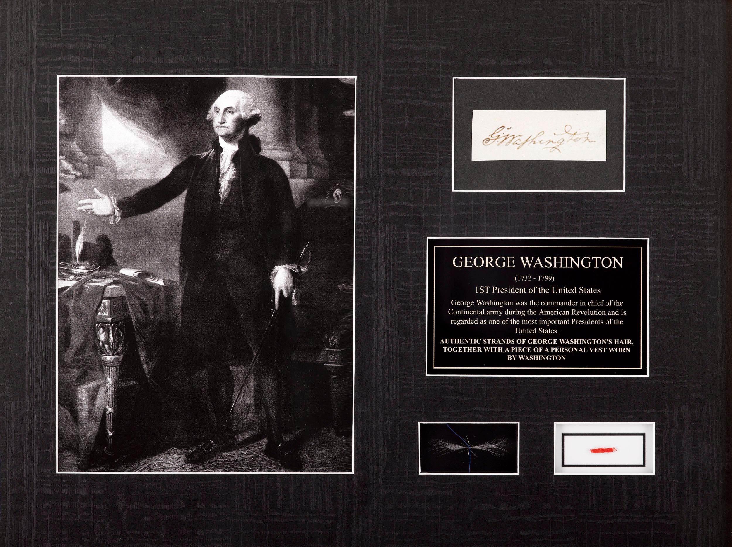 George Washington’s hair and vest fiber are beautifully mounted in this magnificent frame. Accompanied by a portrait of our nation’s first president and his signature, these extremely personal effects were originally in the possession of Thomas