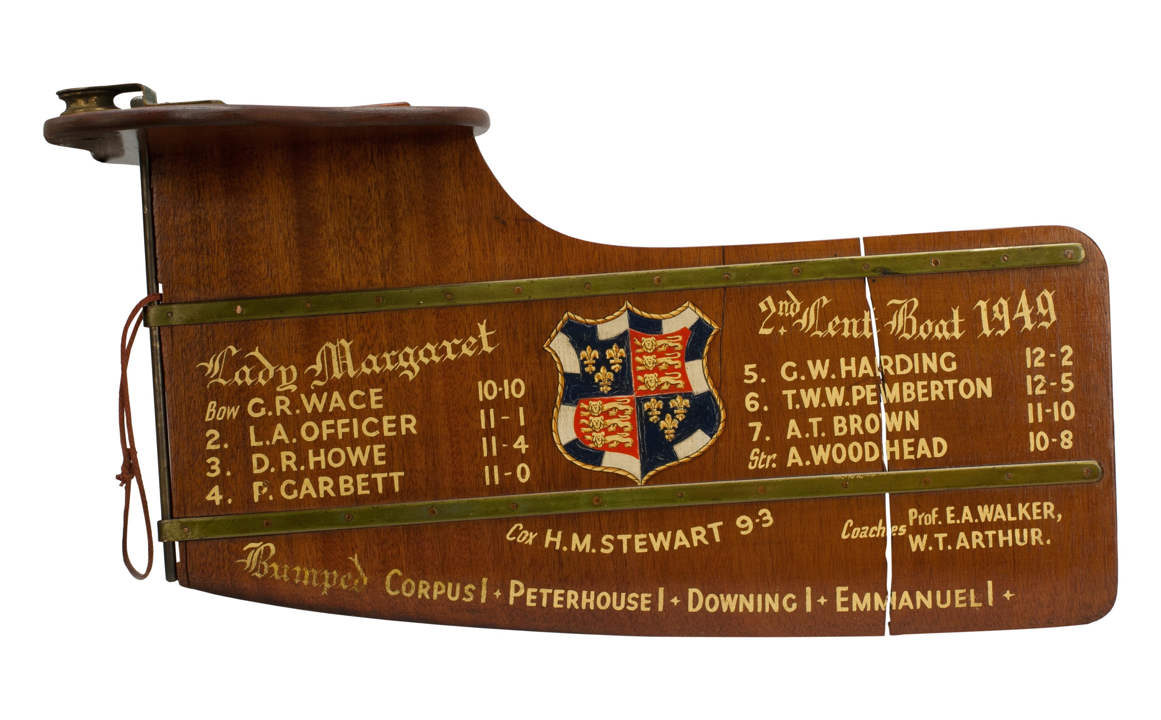 Cambridge University Rowing Rudder.
An original presentation trophy rudder 'Lady Margaret 2nd Lent Boat' with gold calligraphy and college insignia. This is the former property of H.M. Stewart who was the cox. The college crest is of St John's