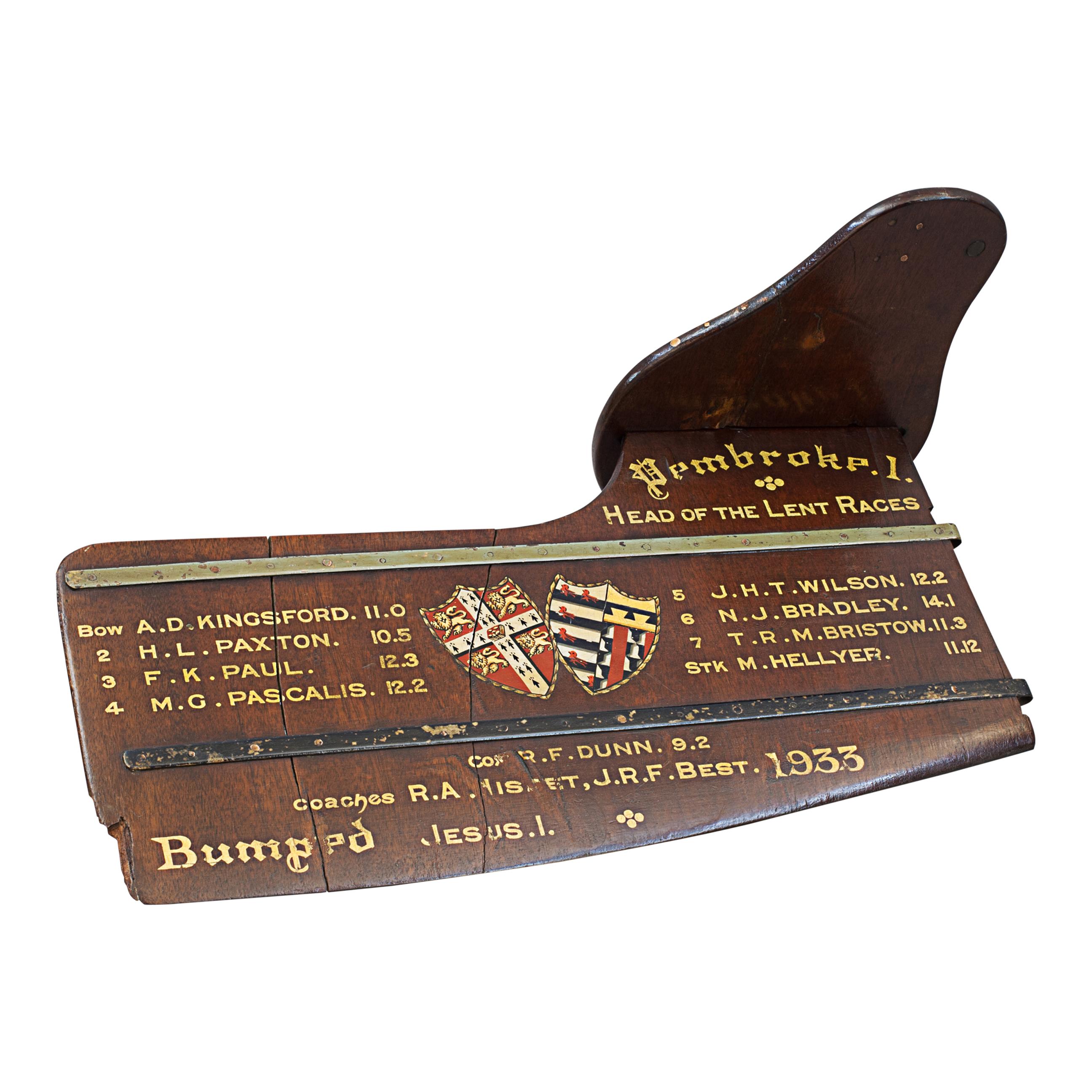 Cambridge University, Pembroke College, Presentation Rowing Rudder.
An original presentation trophy rudder 'Pembroke College, Head Of The Lent Races 1933' with gold calligraphy and two heraldic shields. This is the former property of R.F Dunn of
