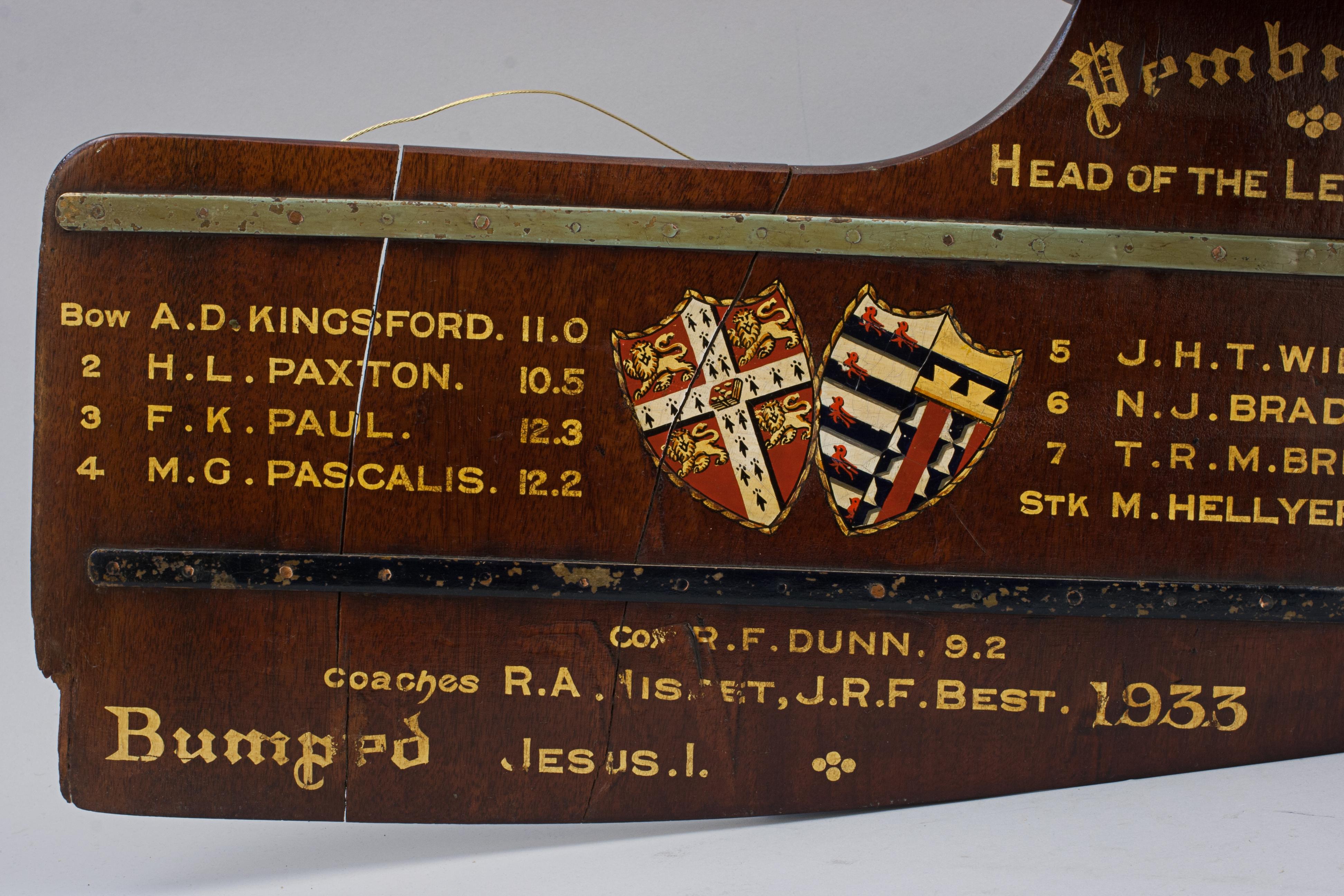 Mid-20th Century Presentation Rowing Rudder, Pembroke College, Head of the Lent Races For Sale