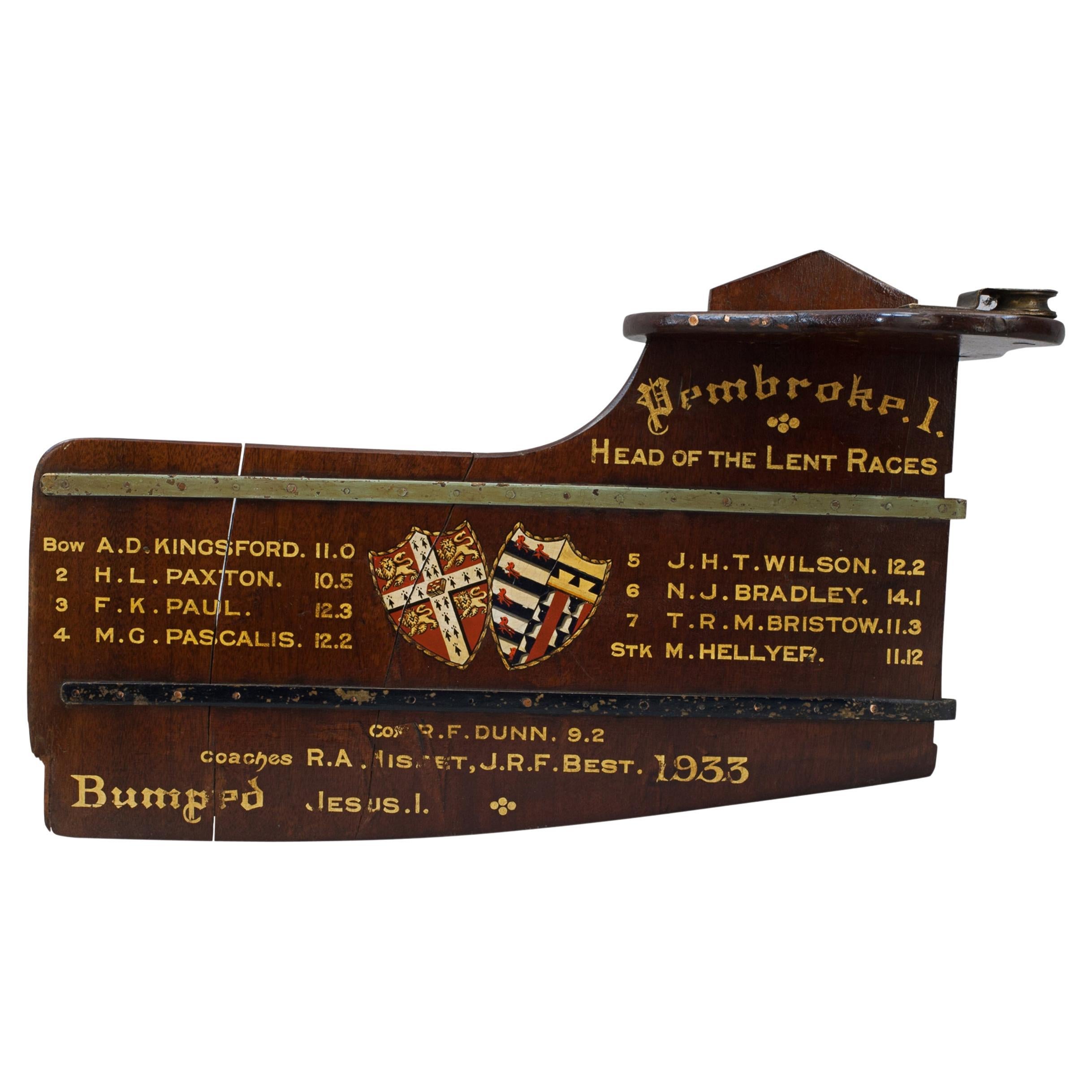 Presentation Rowing Rudder, Pembroke College, Head of the Lent Races For Sale