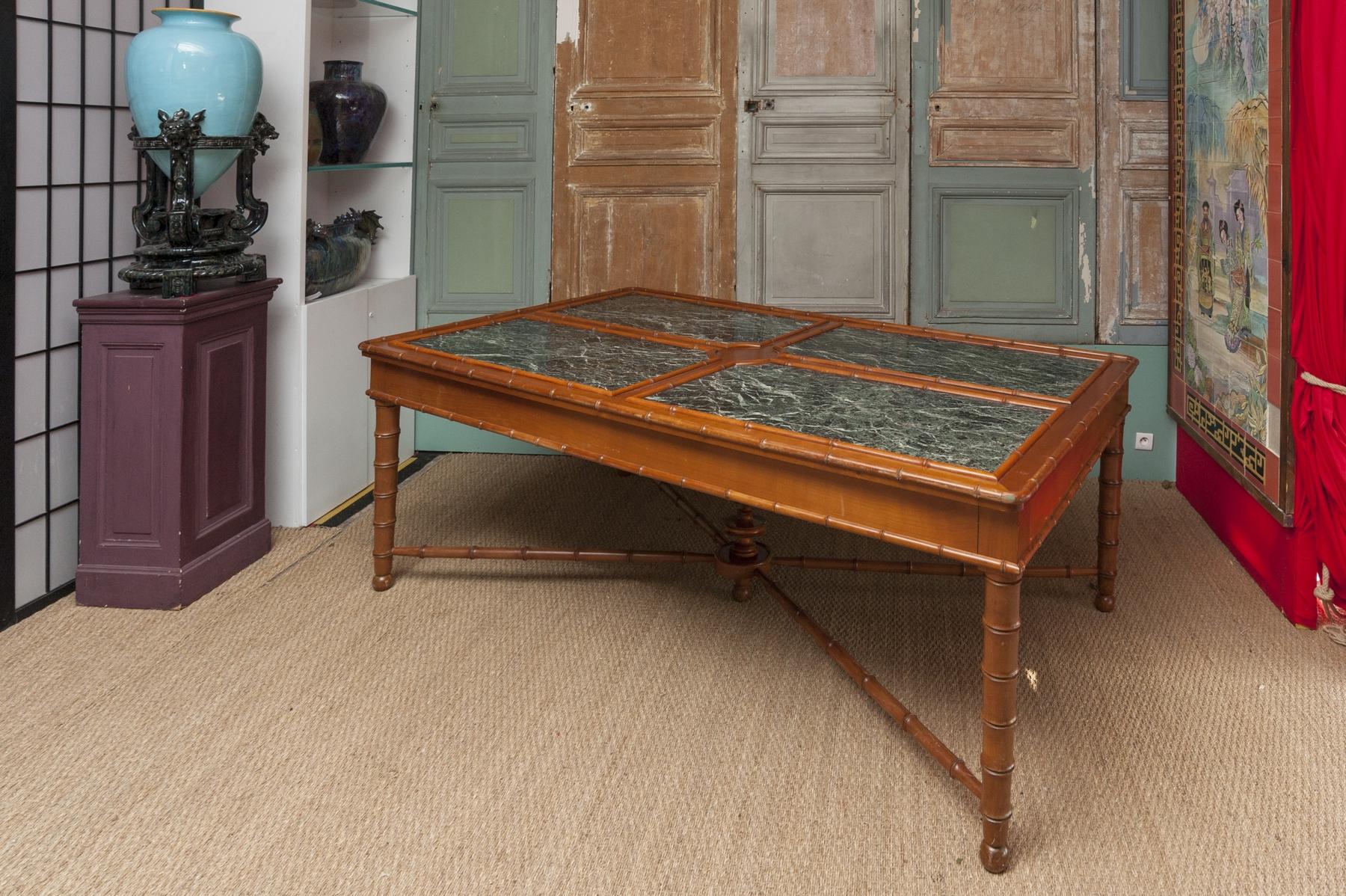 English Presentation Table with Bamboo-Shaped Feet and Green Marble, England, circa 1850 For Sale