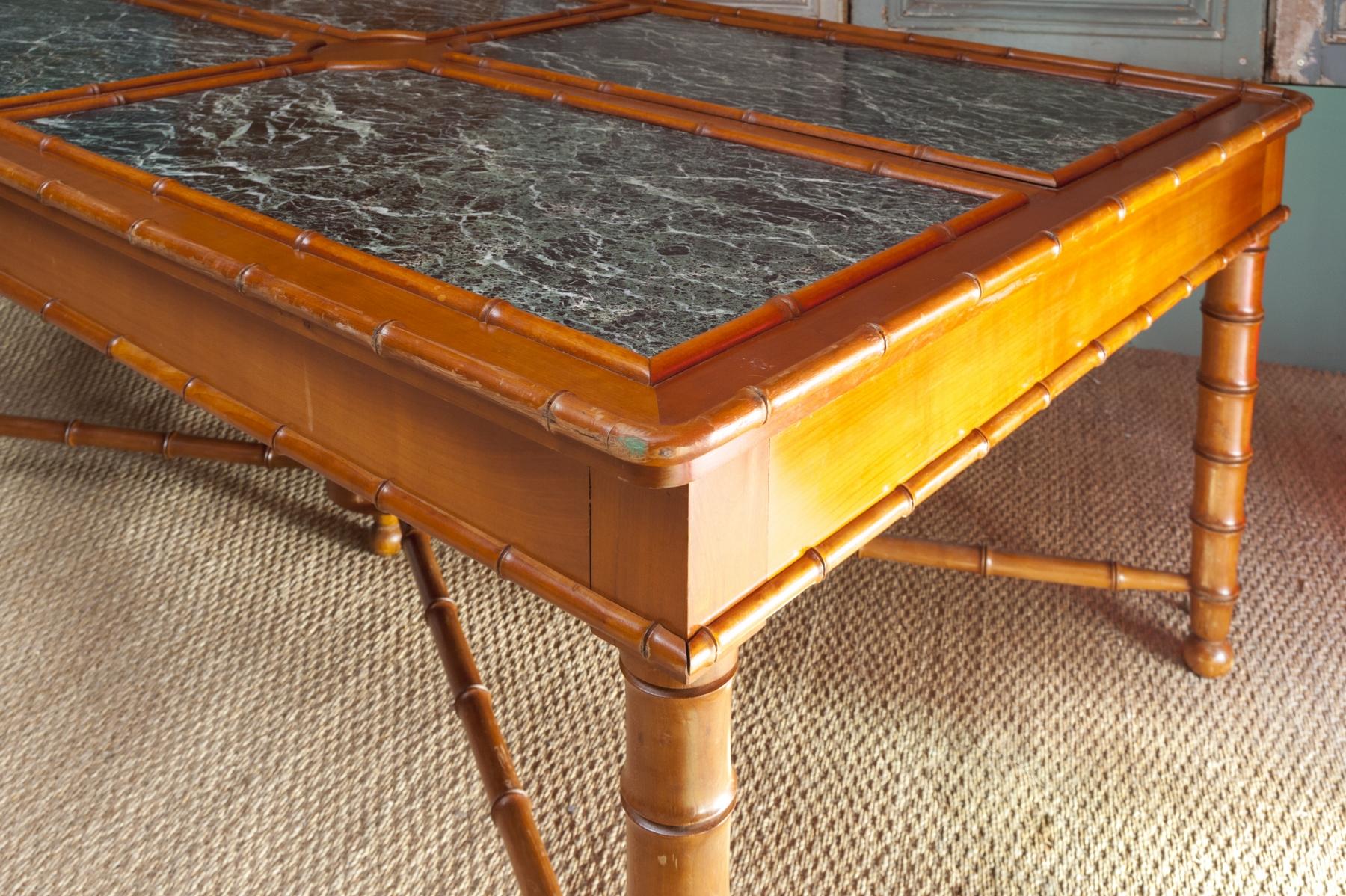 Presentation Table with Bamboo-Shaped Feet and Green Marble, England, circa 1850 For Sale 1
