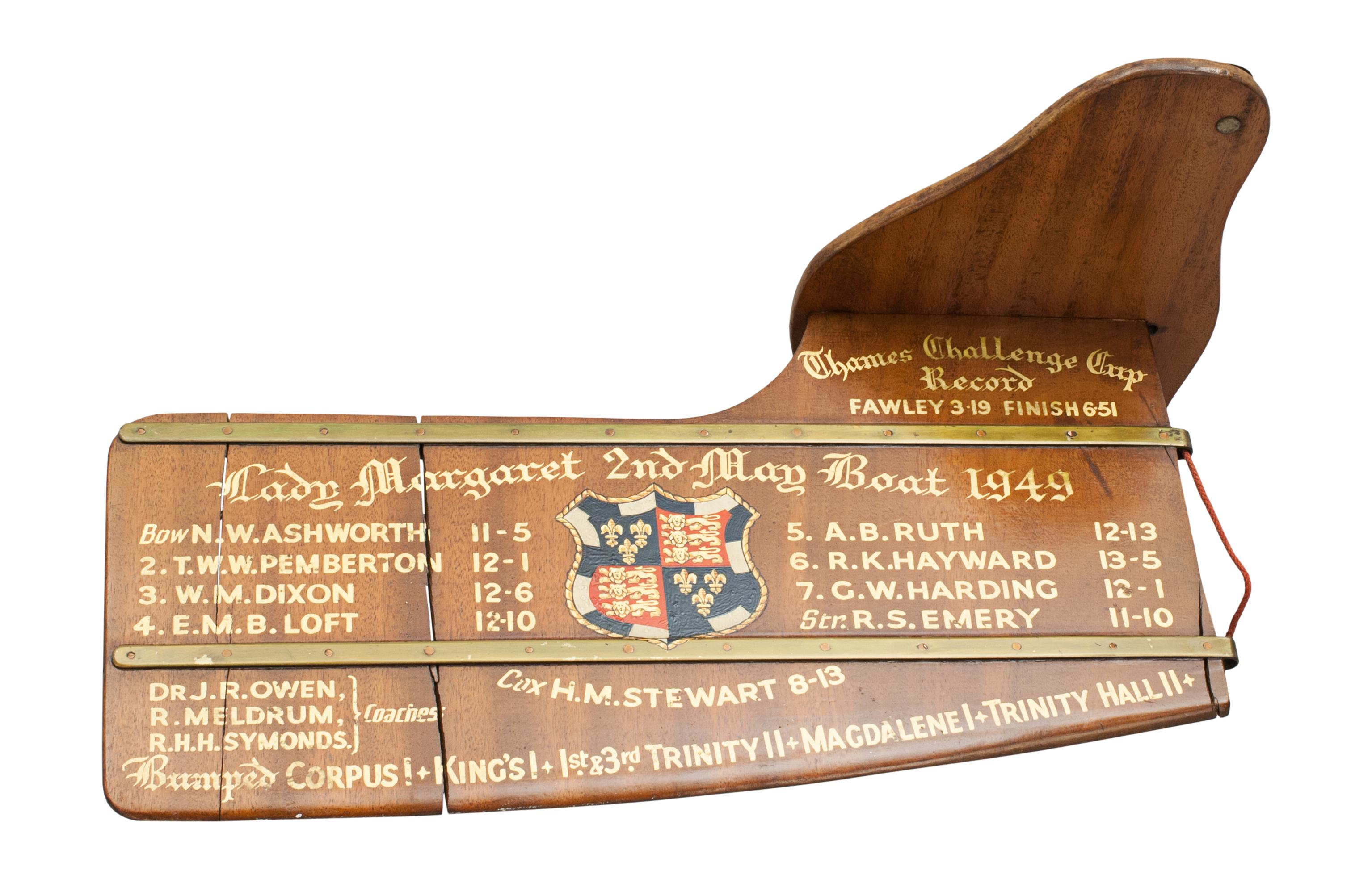 Cambridge University Rowing Rudder.
An original presentation trophy rudder 'Lady Margaret 2nd May Boat' with gold calligraphy and college insignia. This is the former property of H.M. Stewart who was the cox. The college crest is of St John's