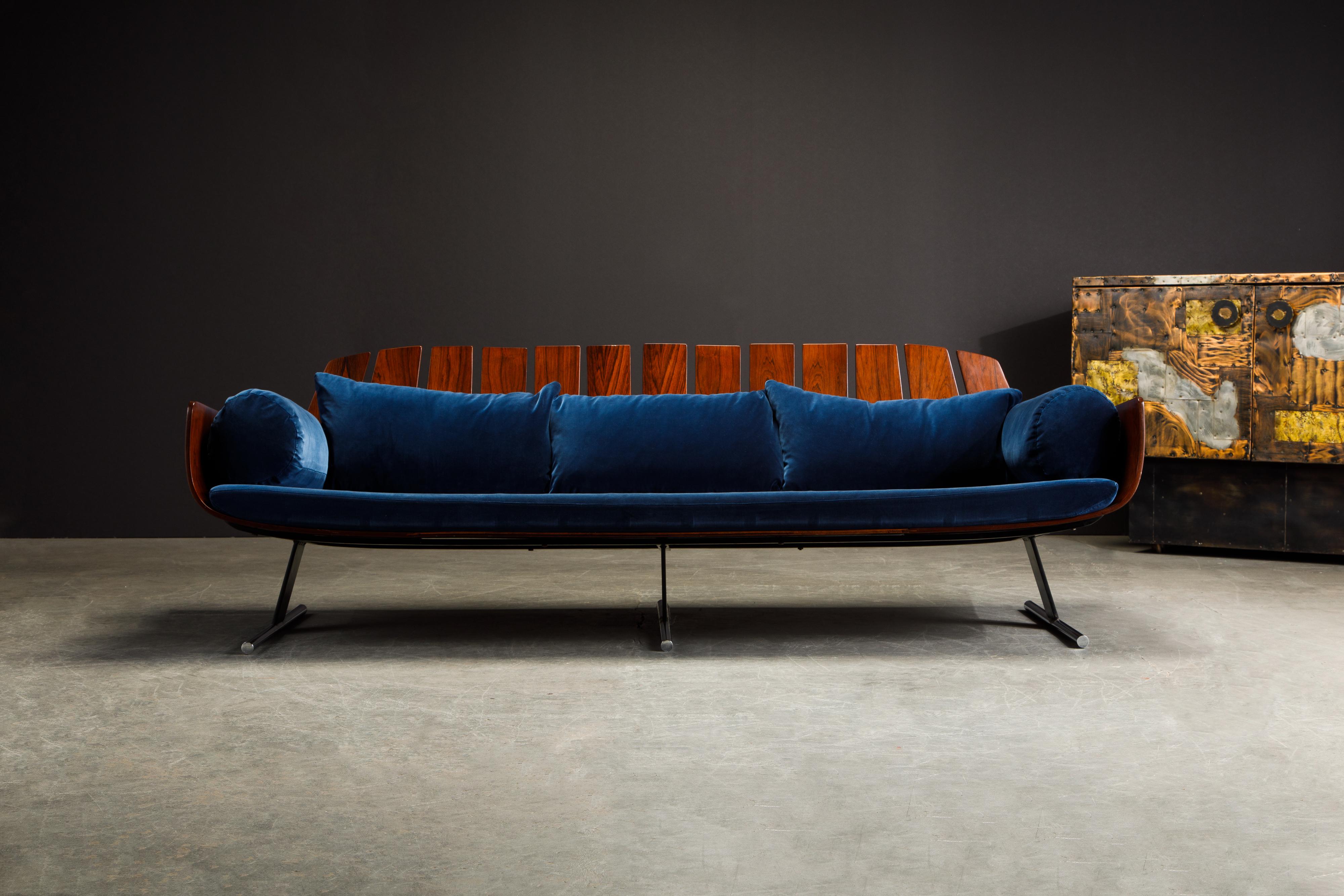 This is an ideal signed collectors example of the extremely rare 'Presidencial' three seat sofa by Jorge Zalszupin for L'Atelier Moveis, Sao Paolo Brazil, circa 1960. Featuring a sculptural Jacaranda (an exotic variant of Brazilian Rosewood) frame