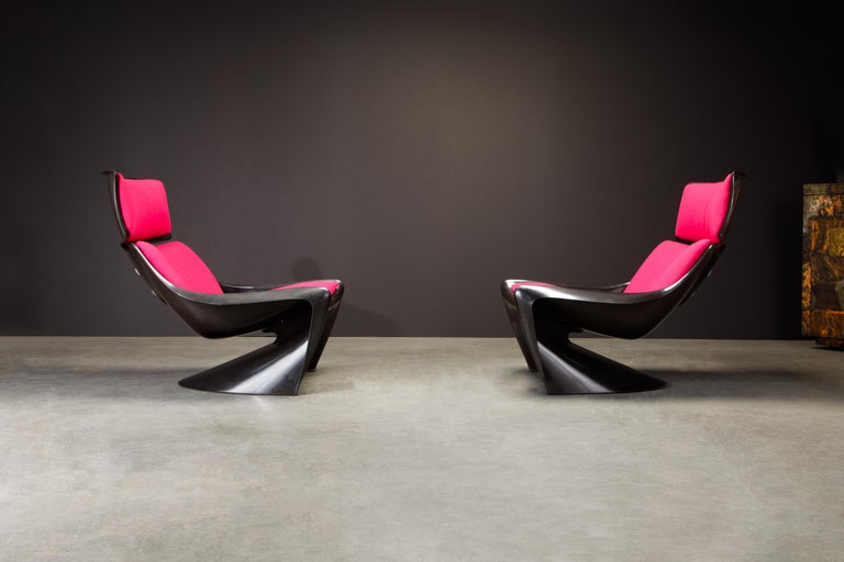 This beautiful pair of rare 'President' Lounge chairs, Model #265 by Steen Ostergaard for Cado, Denmark (each chair signed with Cado embossed logo on frame), was designed in 1968 and produced at Krauss Maffei, Munich, Germany for a short time in