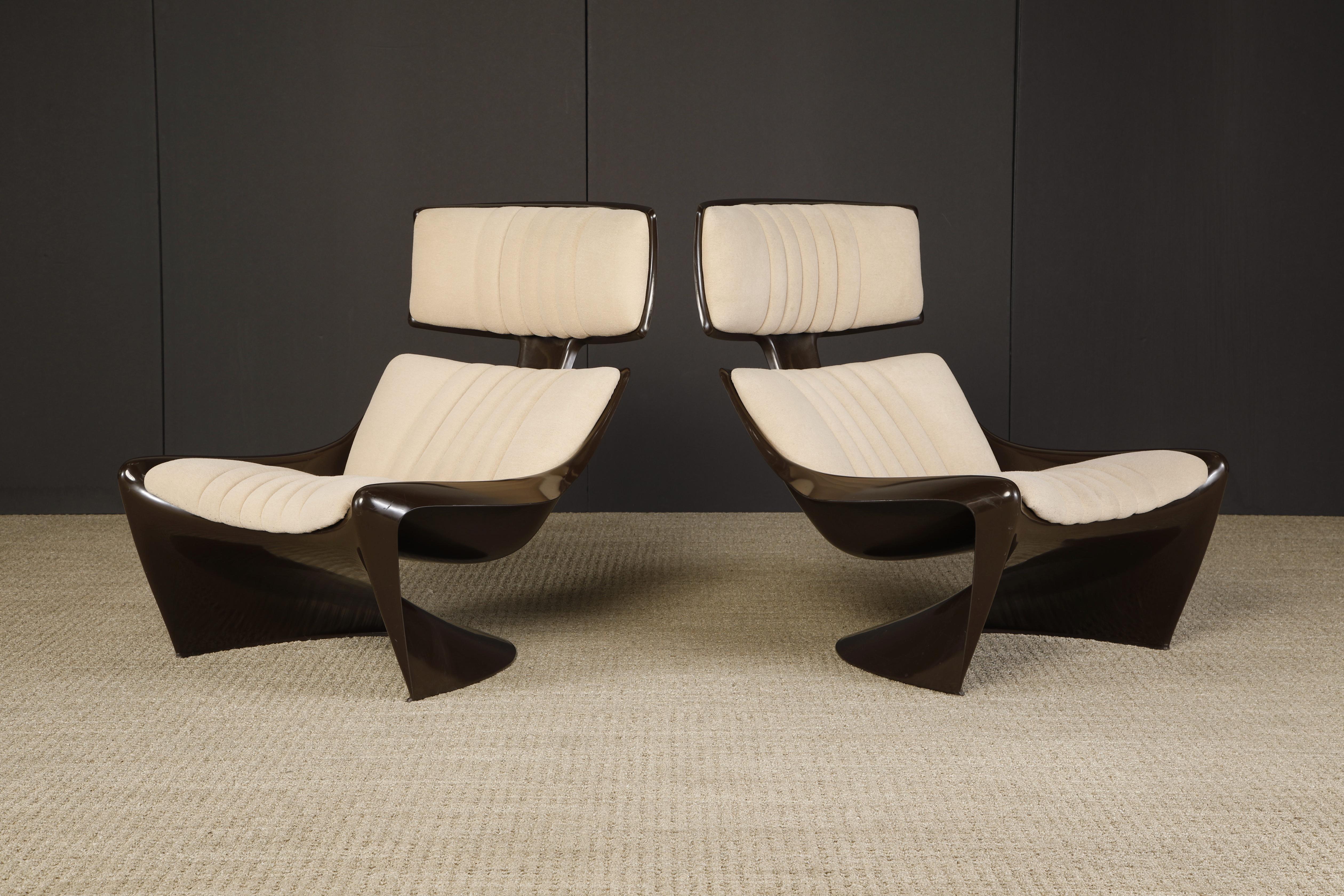 This beautiful pair of rare 'President' Lounge chairs, Model #265 by Steen Ostergaard for Cado, Denmark (each chair signed with Cado embossed logo on frame), was designed in 1968 and produced at Krauss Maffei, Munich, Germany for a short time in