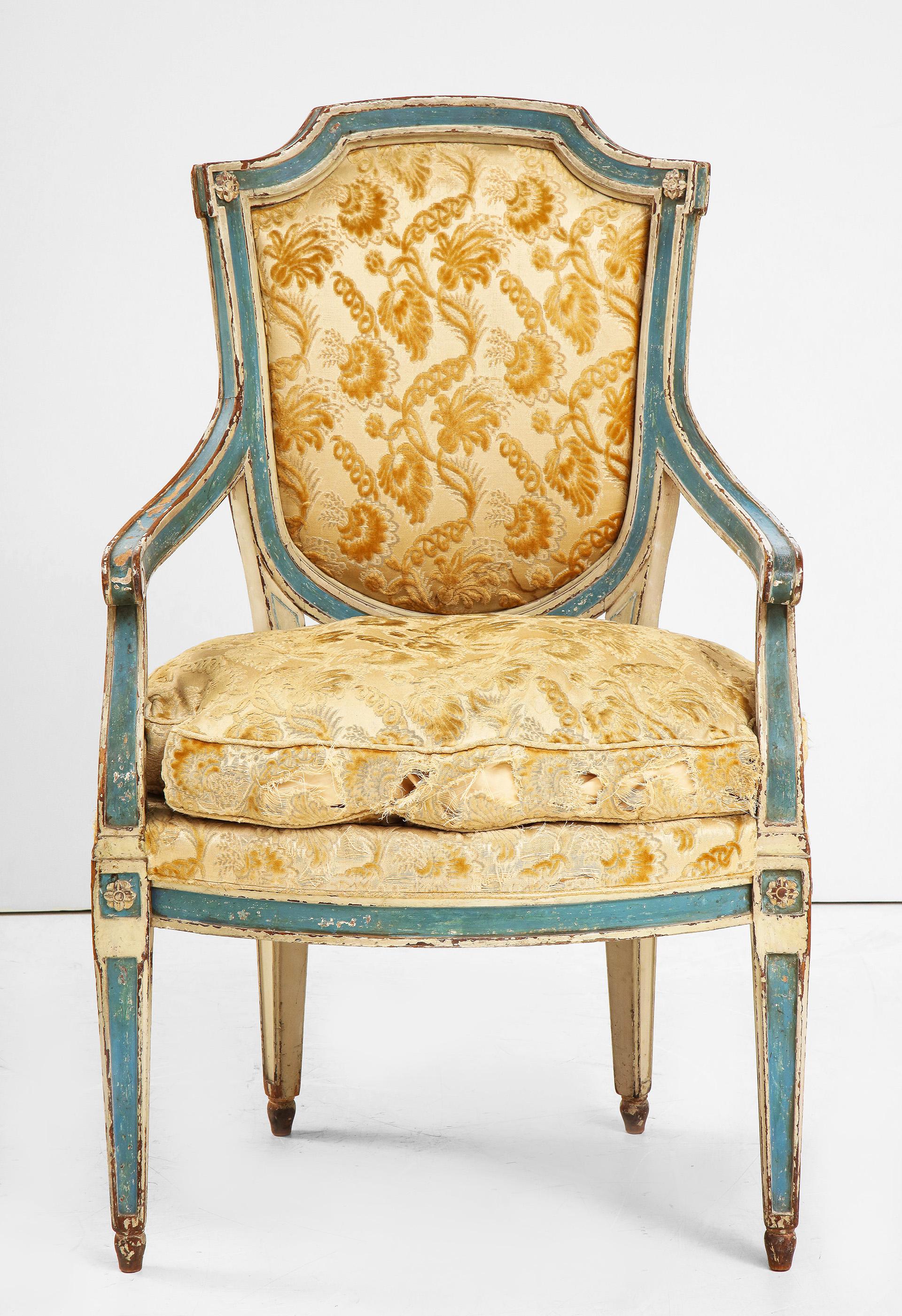 The Louis XVI Style chairs, painted in Cream and Robin's Egg Blue and covered in their original upholstery.
First used by the Kennedys at their Georgetown house (at least 1 photo shows Jackie seated in one at her desk). Possibly acquired through