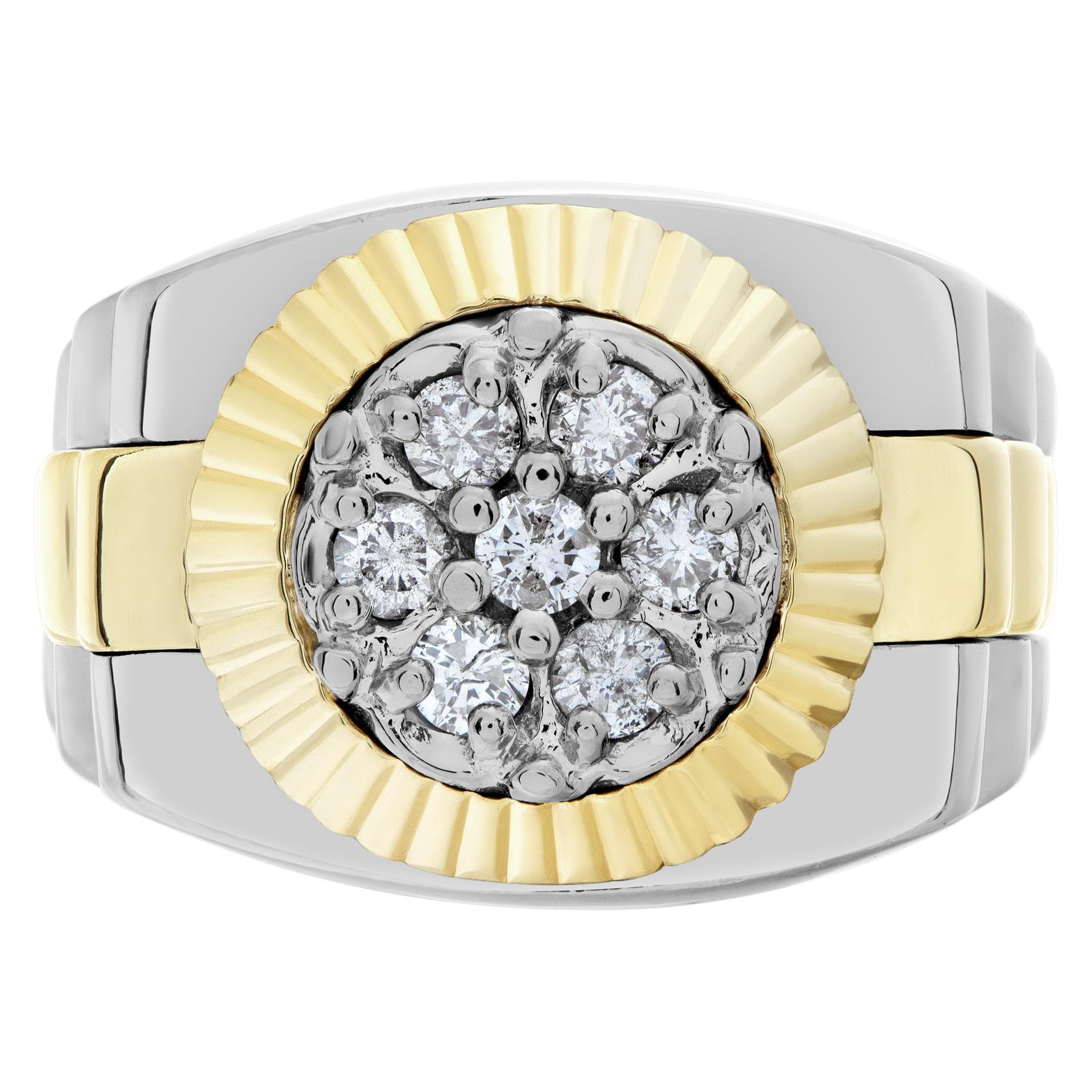 President style diamond ring in 14k white and yellow gold. Round brilliant cut diamonds total approx. weight: 0.35 carat, estimate: G-H color- VS/SI clarity. Ring size 8  This Diamond ring is currently size 8 and some items can be sized up or down,