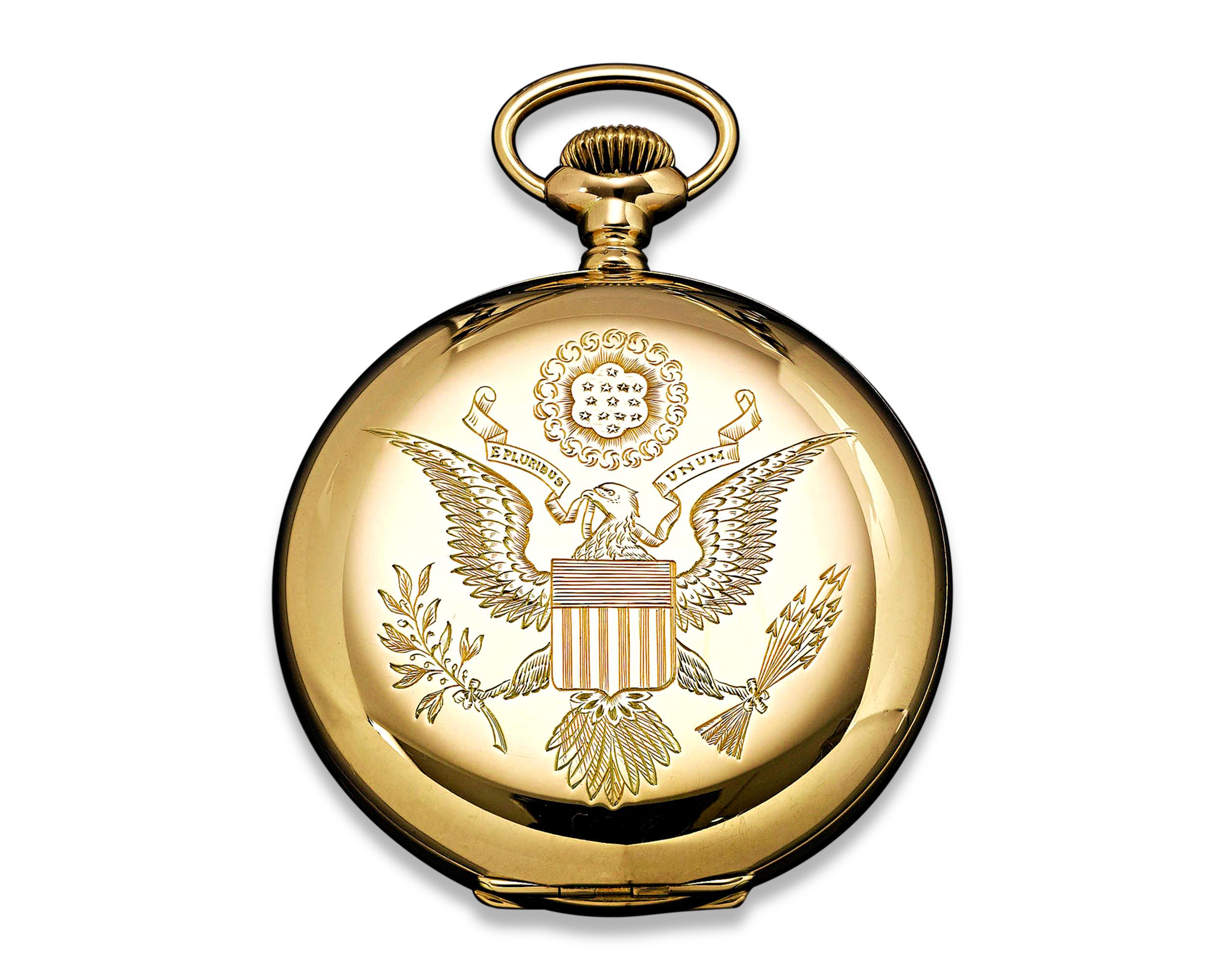 This rare and highly significant full Hunter Waltham pocket watch was presented by President of the United States Woodrow Wilson to Henry William Webster, the Captain of the British tugboat Champion, in 1919. As part of a presidential tradition