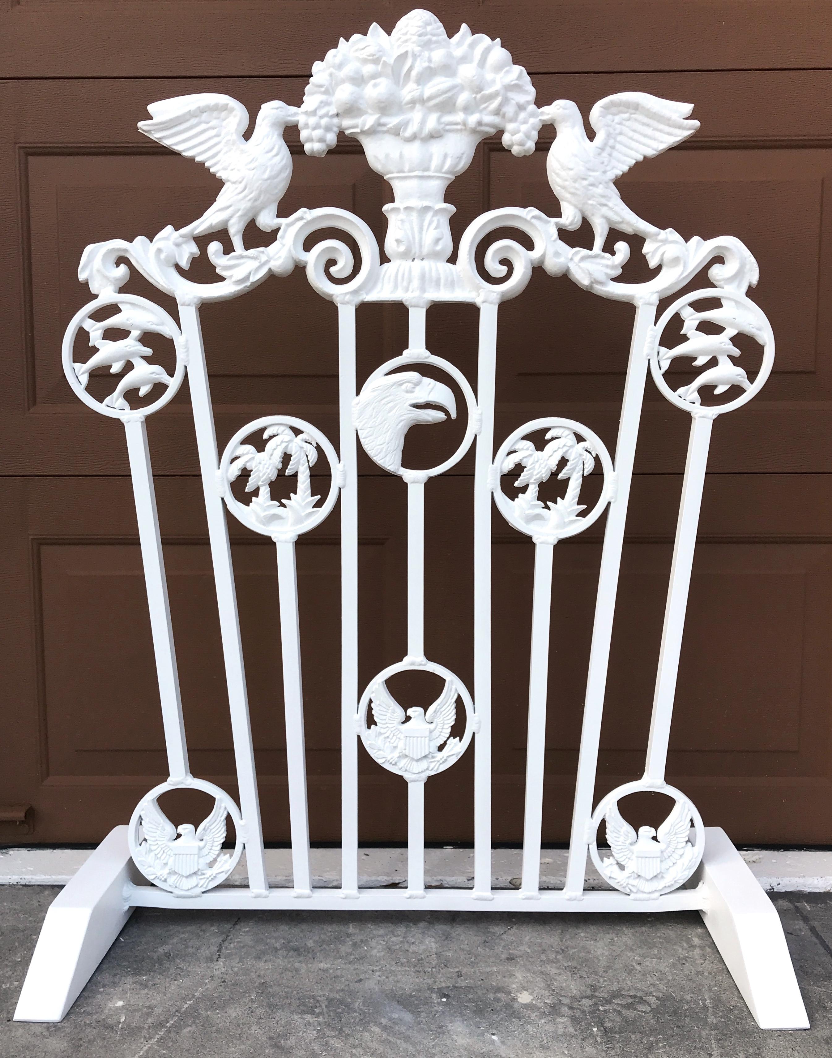 Presidential outdoor firescreen or garden grate Truman Little White House, Key West, FL
A rare find, with medallions of Dolphins, Palm trees, Bald Eagle and The Seal of the President of the United States, by repute from the Harry S Truman Little