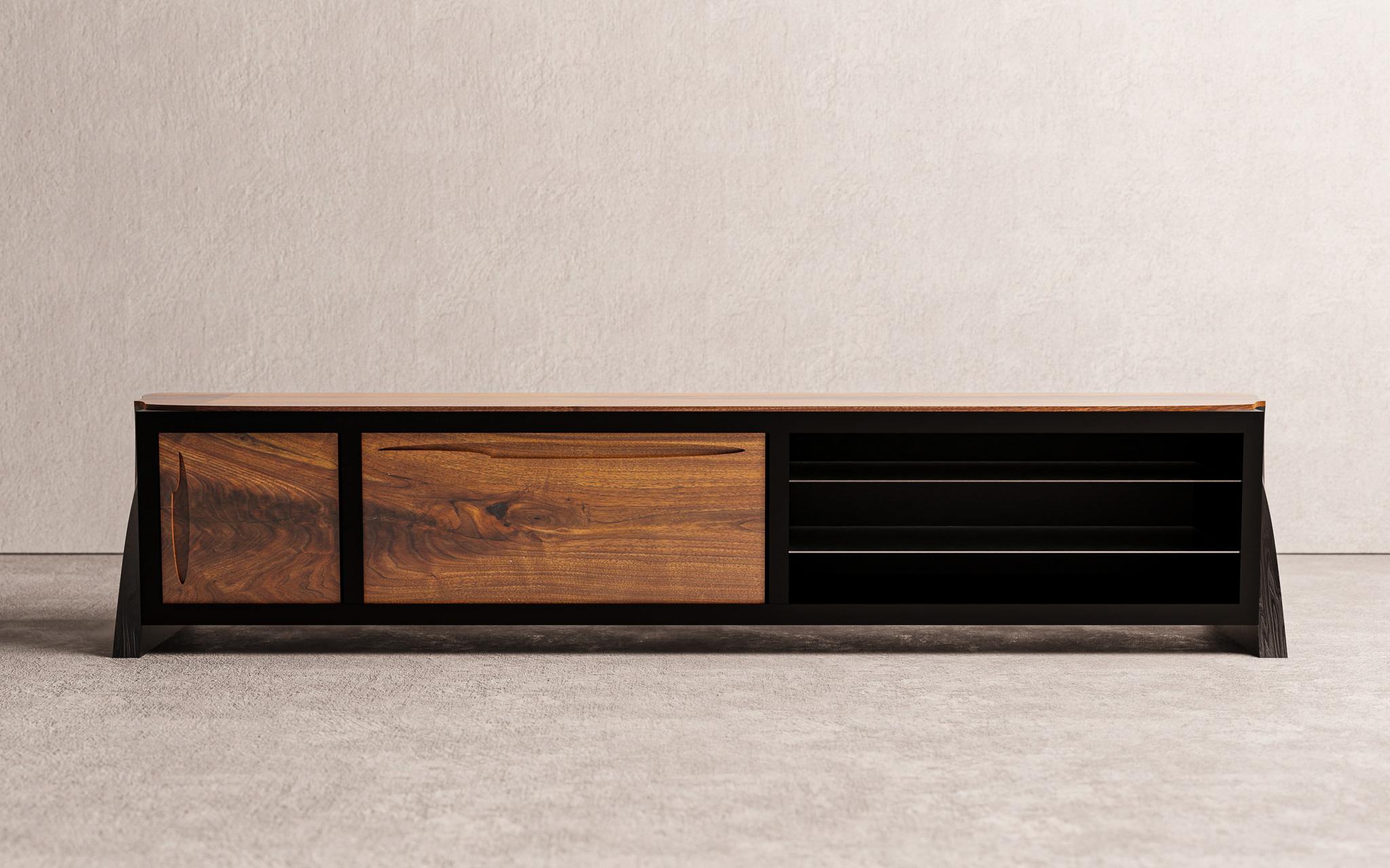 The Presidio sideboard by Christopher Mark is a hand crafted one of one piece. The frame of the work is constructed with white oak that has been charred with a Shou Sugi Ban technique that emphasizes the natural grain. Sideboard includes two