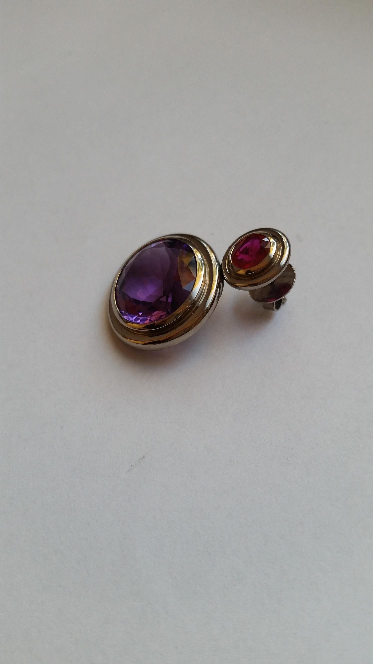 Round Cut Presious Basics White Gold Earrings with Rubies and Amethysts 20.50 Carat For Sale