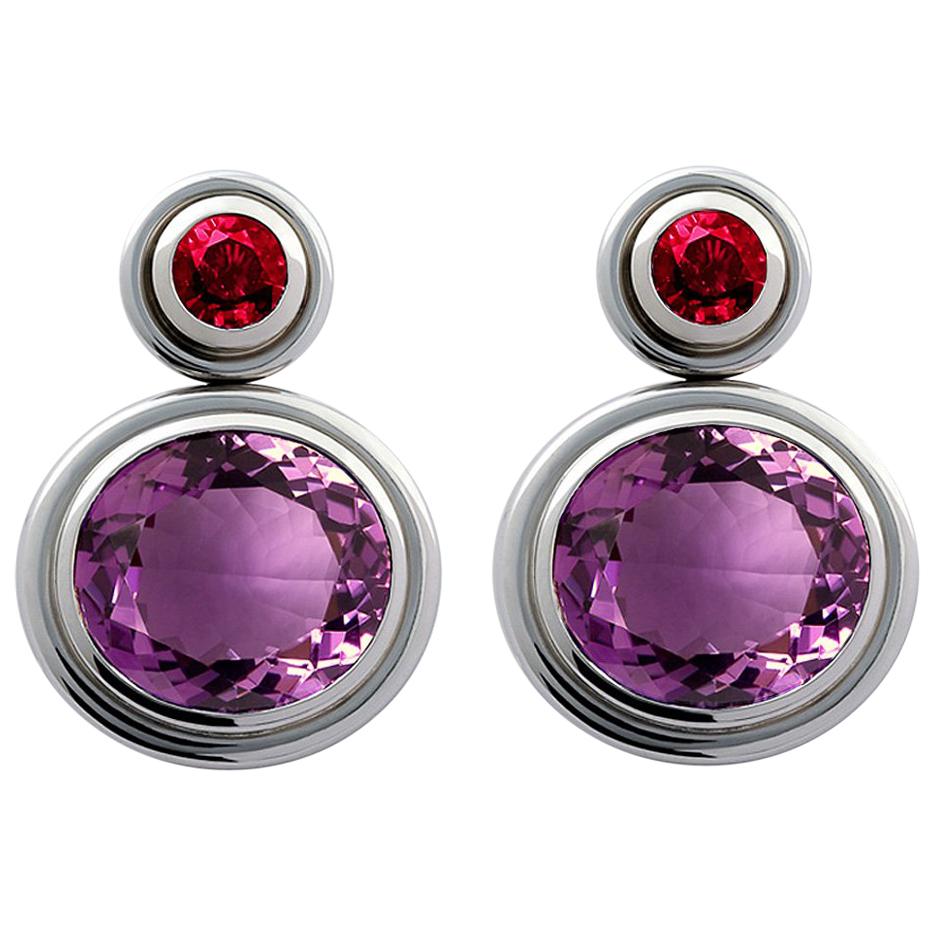 Presious Basics White Gold Earrings with Rubies and Amethysts 20.50 Carat For Sale