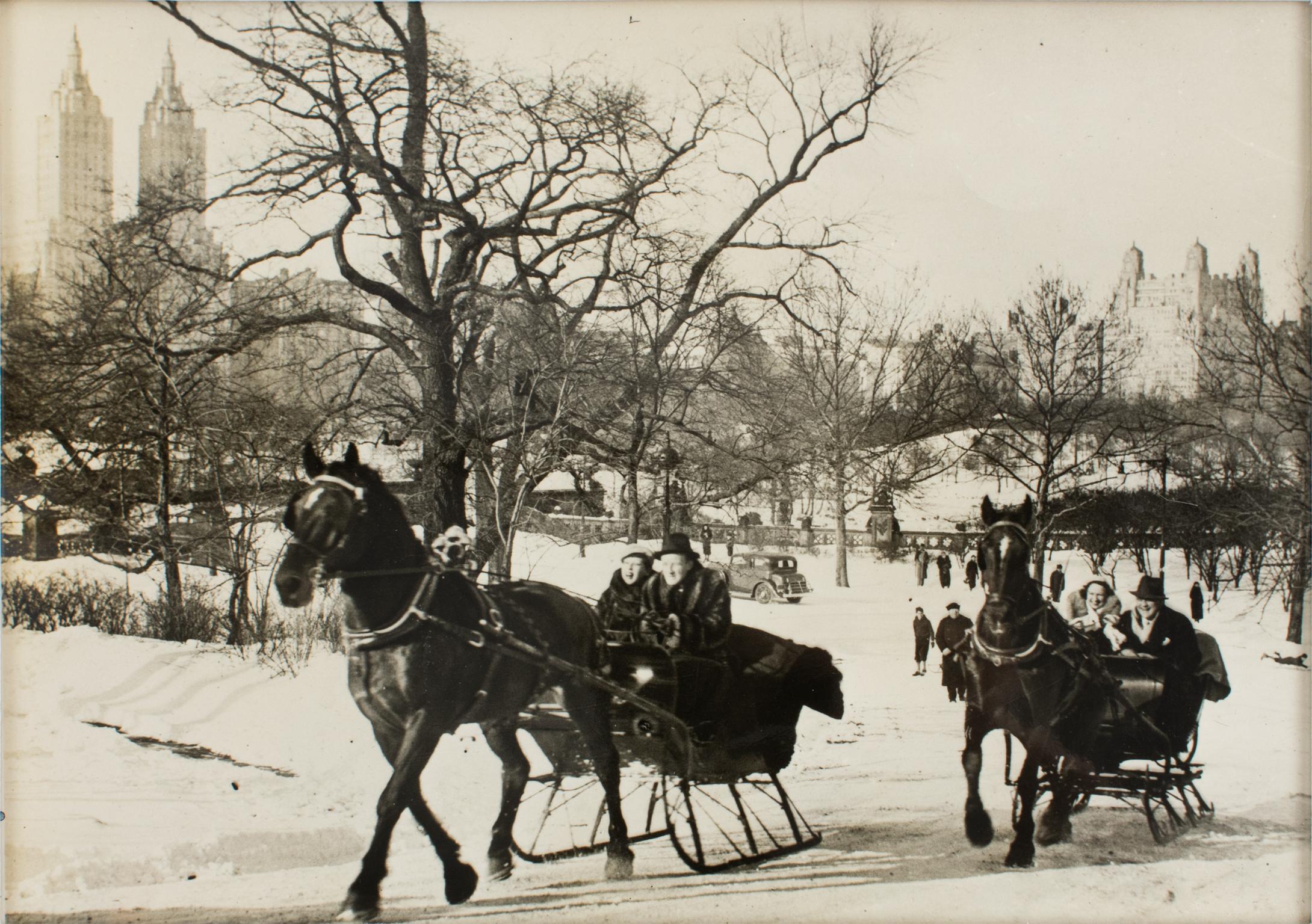 Schlittenrennen im Central Park, 1934 Silbergelatine-Schwarz-Weiß-Fotografie Gerahmt