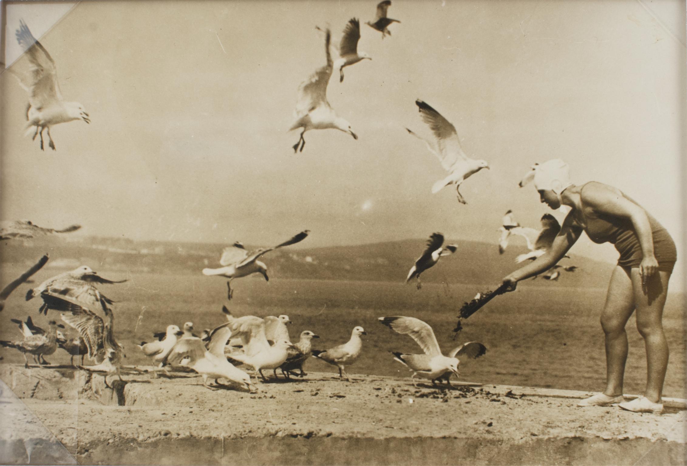Landscape Photograph Press Agency Trampus - Sur la plage avec les mouettes, photographie noir et blanc au gélatino d'argent de 1930