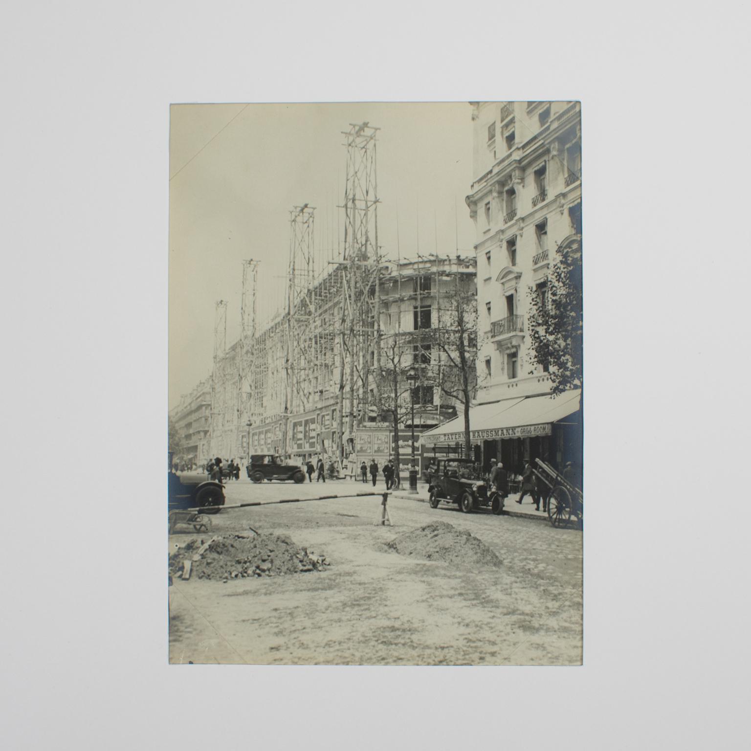 A unique original silver gelatin black and white photography, Boulevard Haussmann in Paris, France, June 1926. 
A view of the Boulevard Haussmann in Paris with buildings under construction, dated June 19th, 1926. On the right side of the photograph