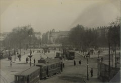 Linee di tram a Lione, Francia 1930, fotografia alla gelatina d'argento in bianco e nero
