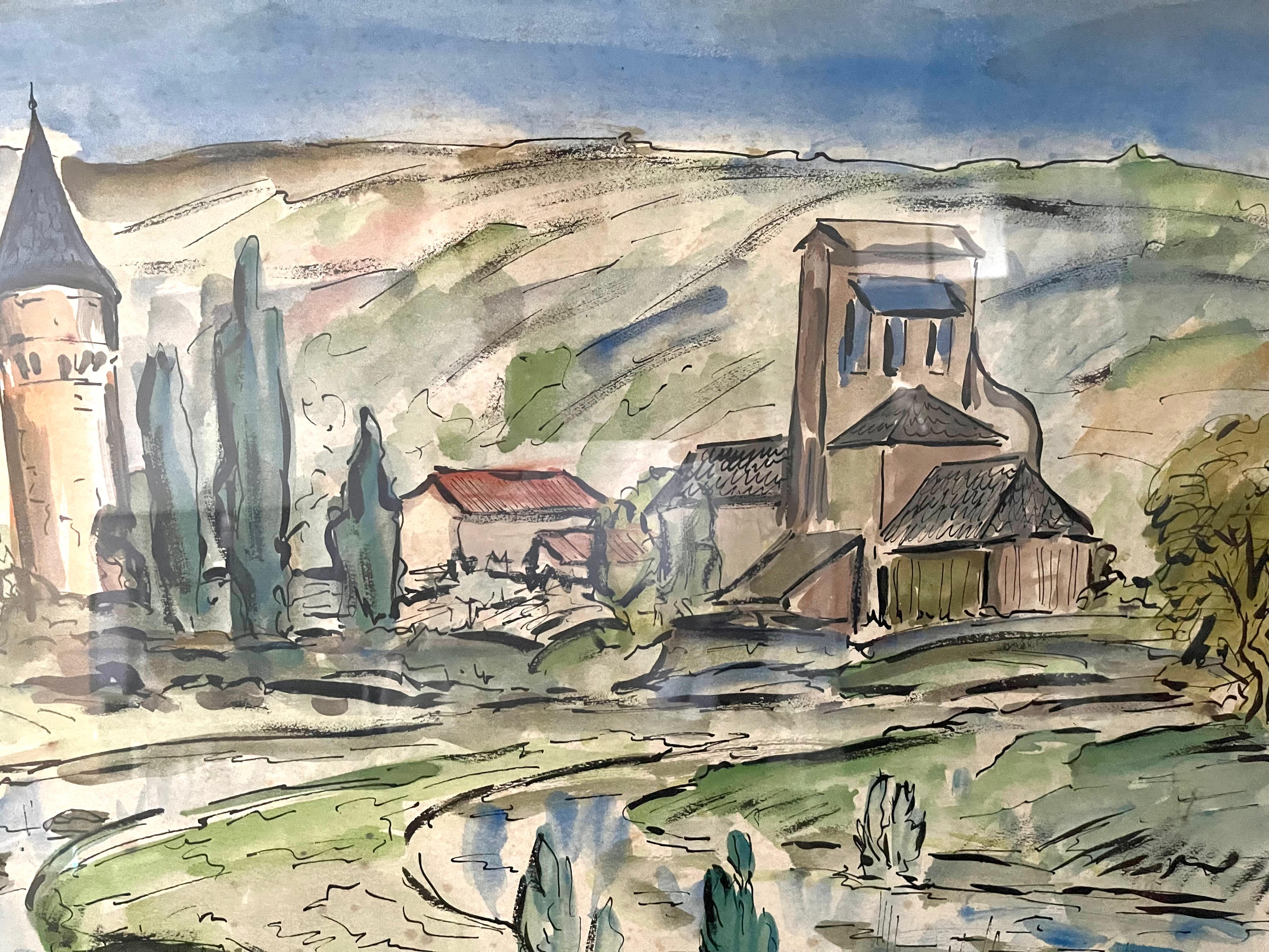 Large Watercolor Painting of a Southern France Landscape by Emile Pressac.
The painting is well-framed under glass.
Watercolor on paper.

Marcel PRESSAC, born in Paris, in the Faubourg Saint-Antoine, on October 14, 1926, spent his entire childhood